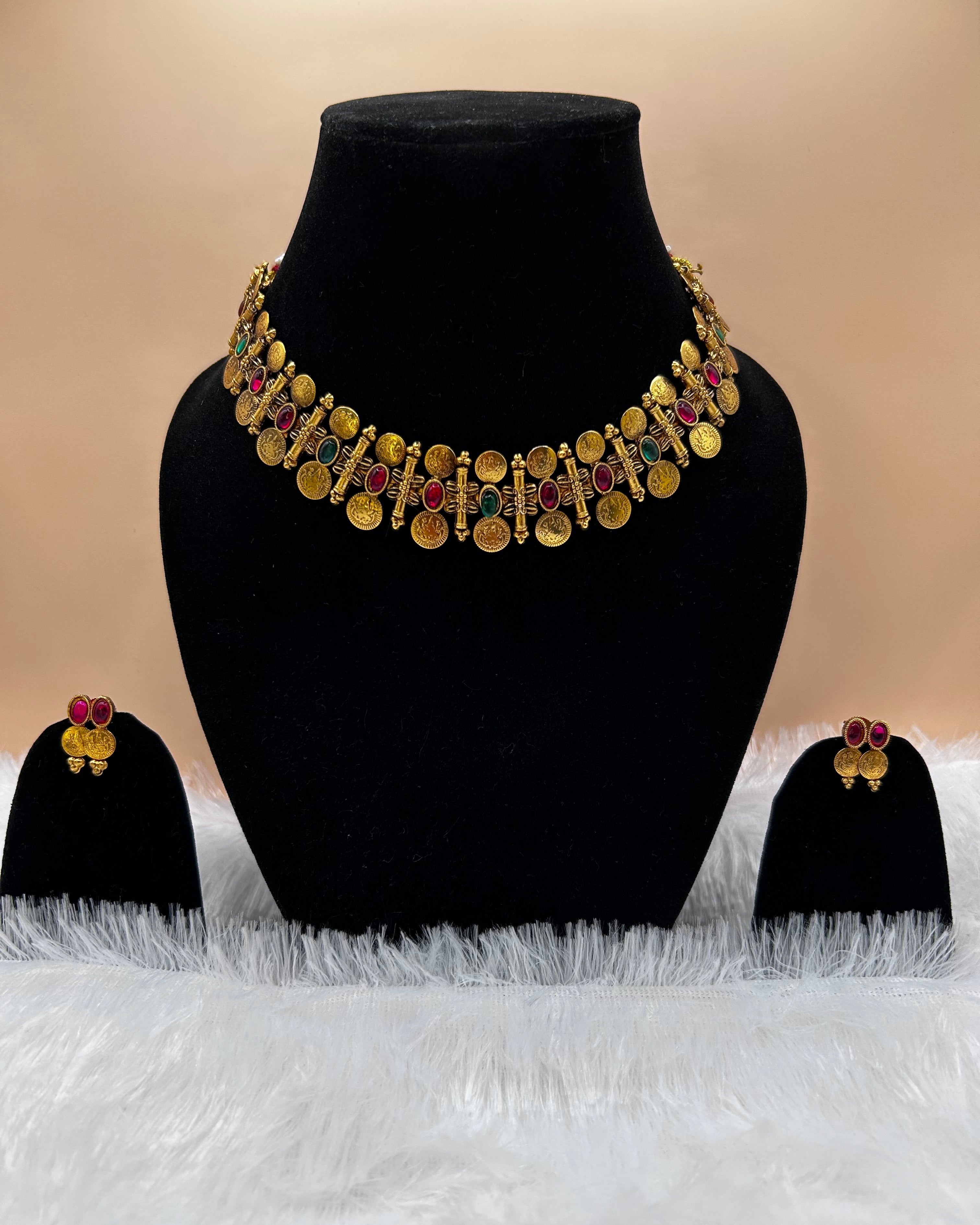 Traditional Red and green stone Kasu Mala Necklace NK-034