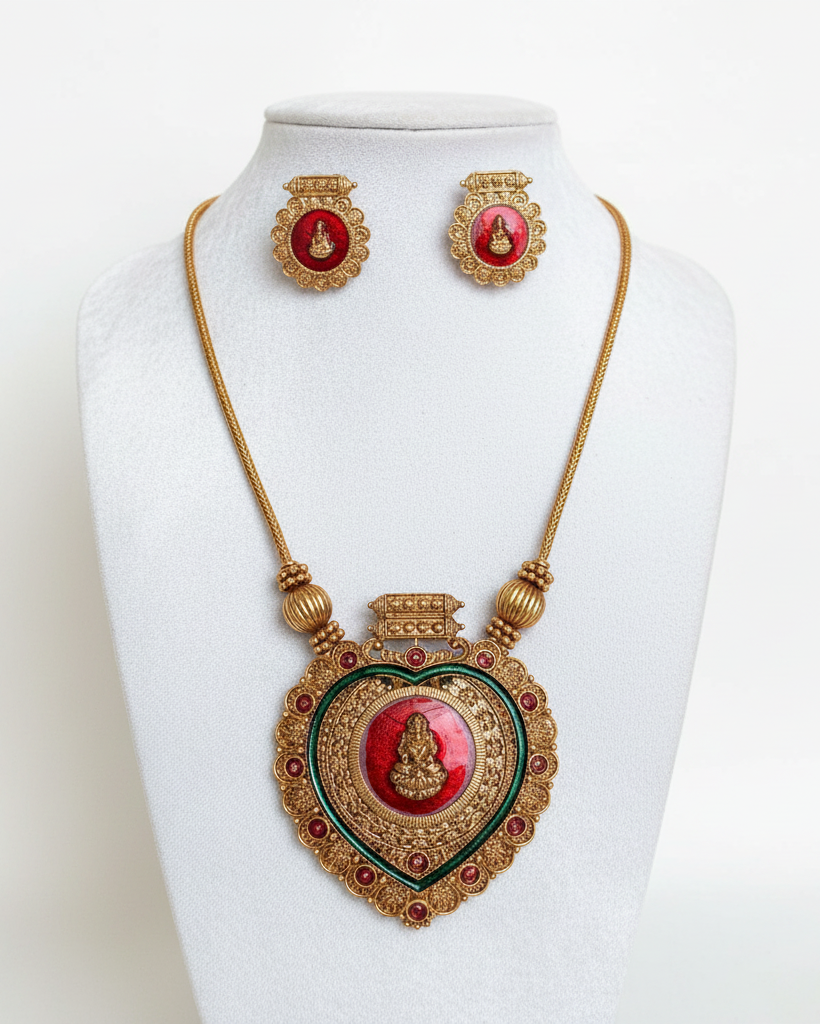 Lakshmi Red Heart Pendant Necklace Set NK-063