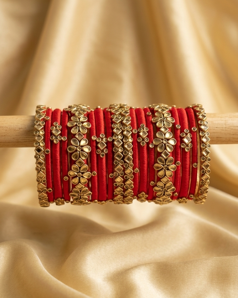 Radiant Crimson Flower & Kundan Silk-Thread Bangle Set (Please read description before placing an order)