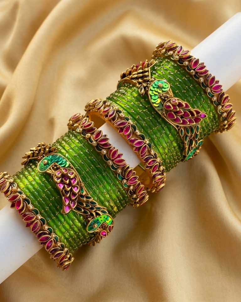 Beautiful Peacock & Lotus-Pink Glass Bangle Set (Please read description before placing an order)