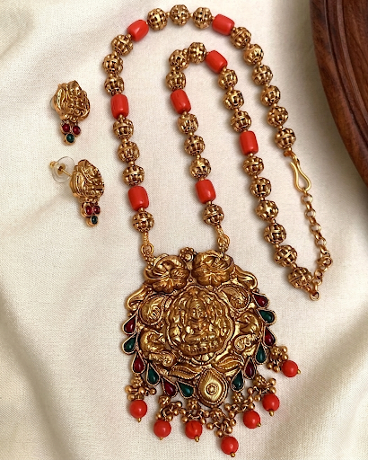 Temple Lakshmi Coral Bead Haram NK-068