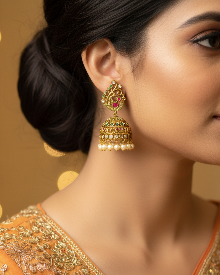 Traditional Peacock Jhumka with pearl drop ER-002