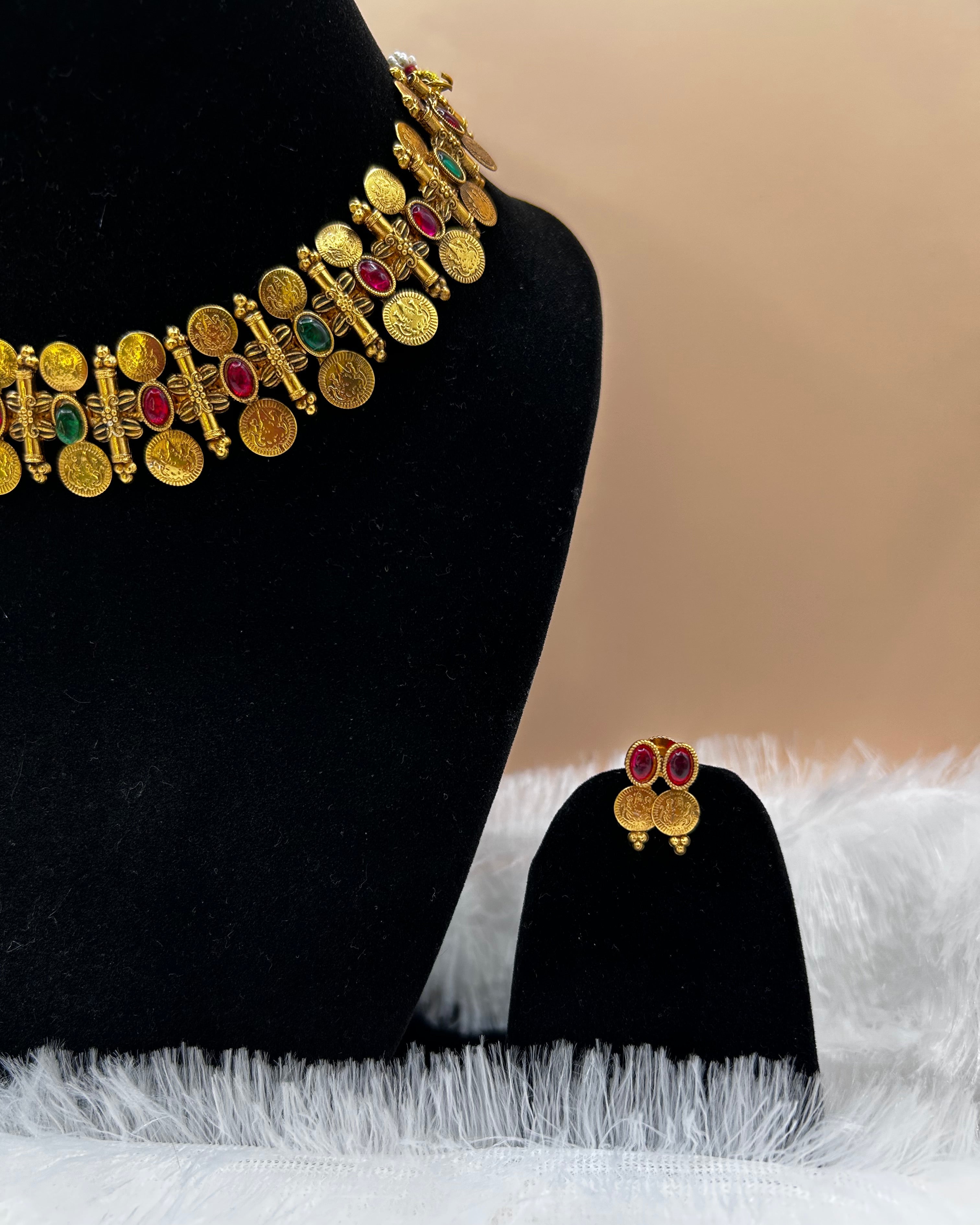 Traditional Red and green stone Kasu Mala Necklace NK-034