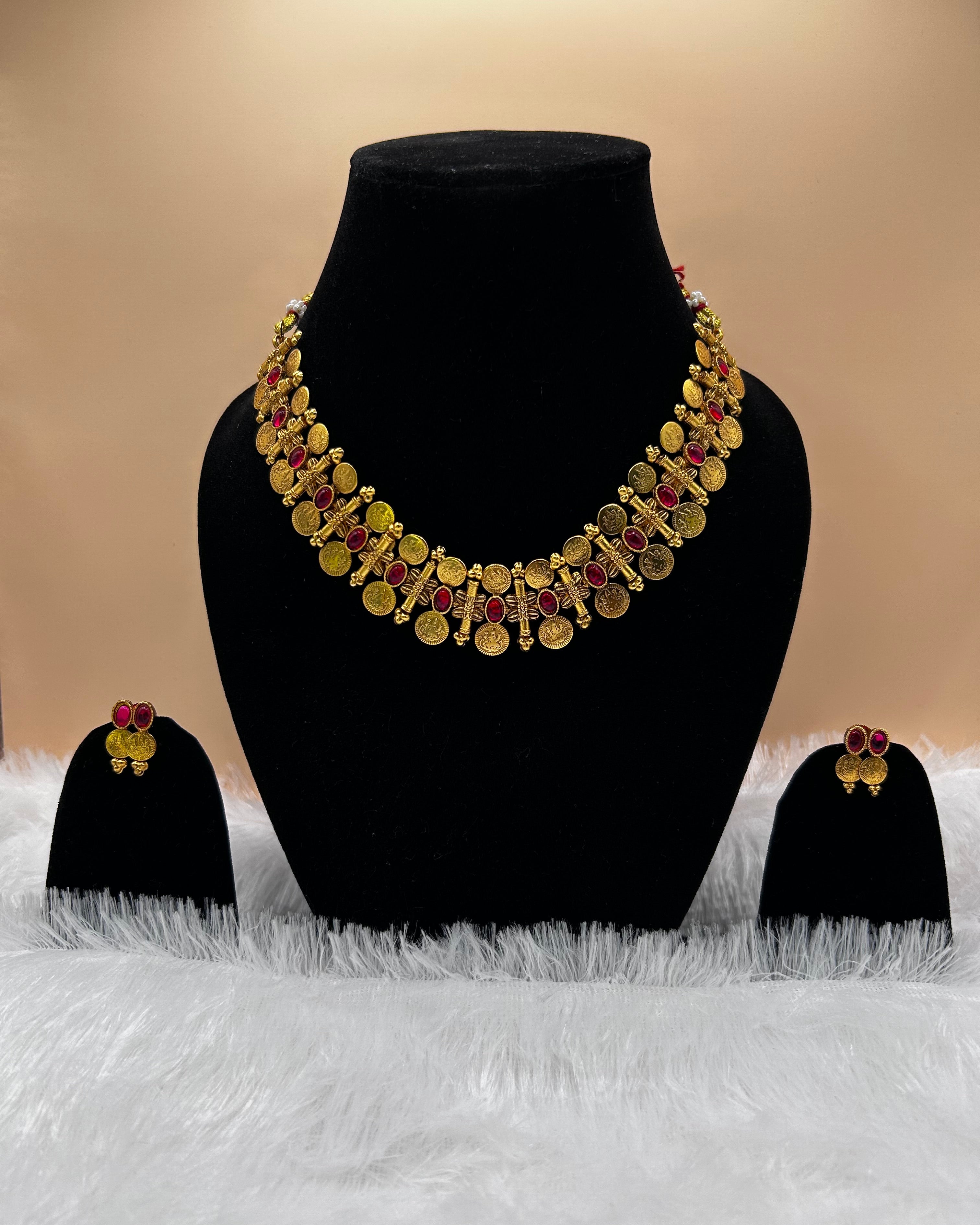Traditional Red stone Kasu Mala Necklace NK-035