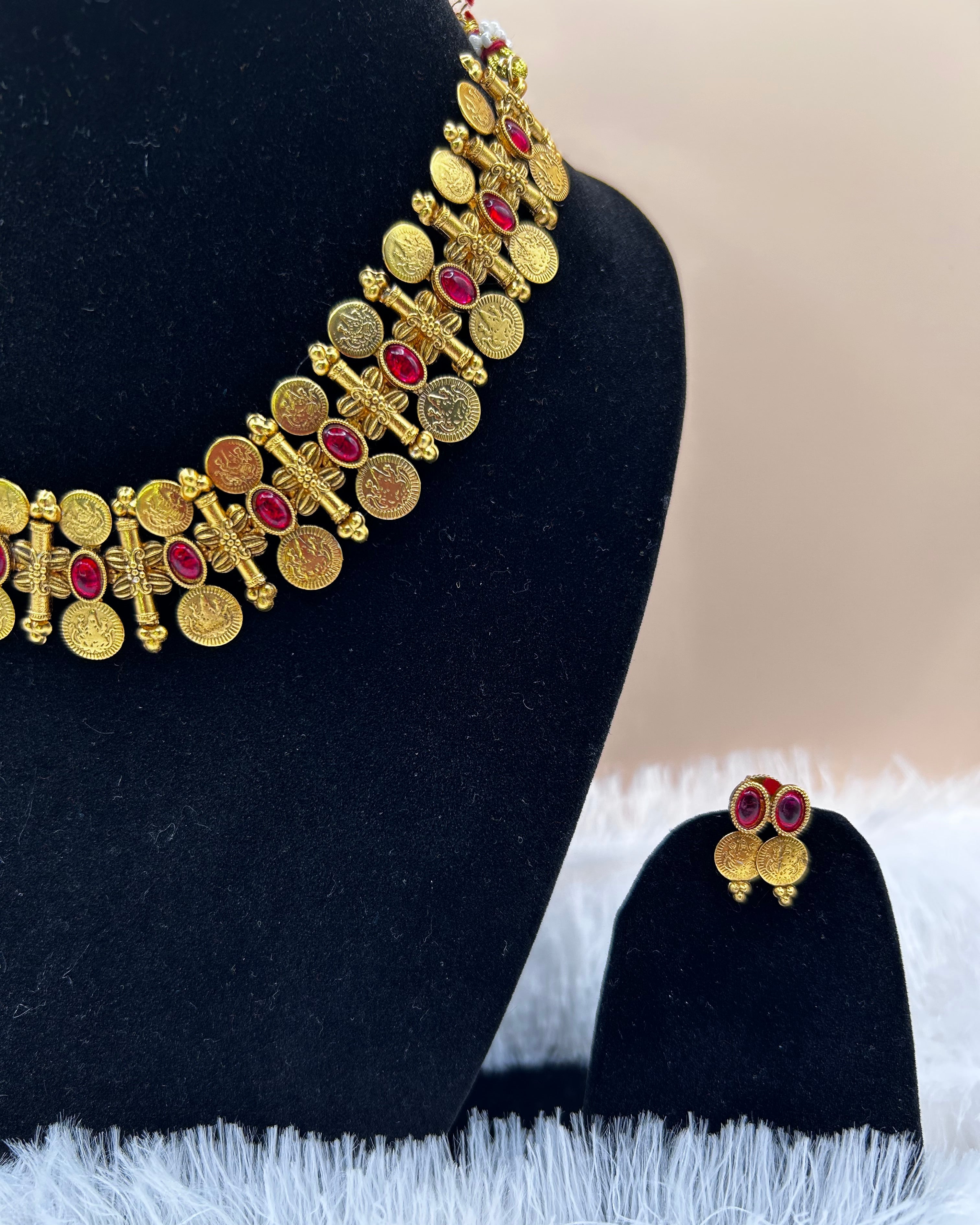 Traditional Red stone Kasu Mala Necklace NK-035