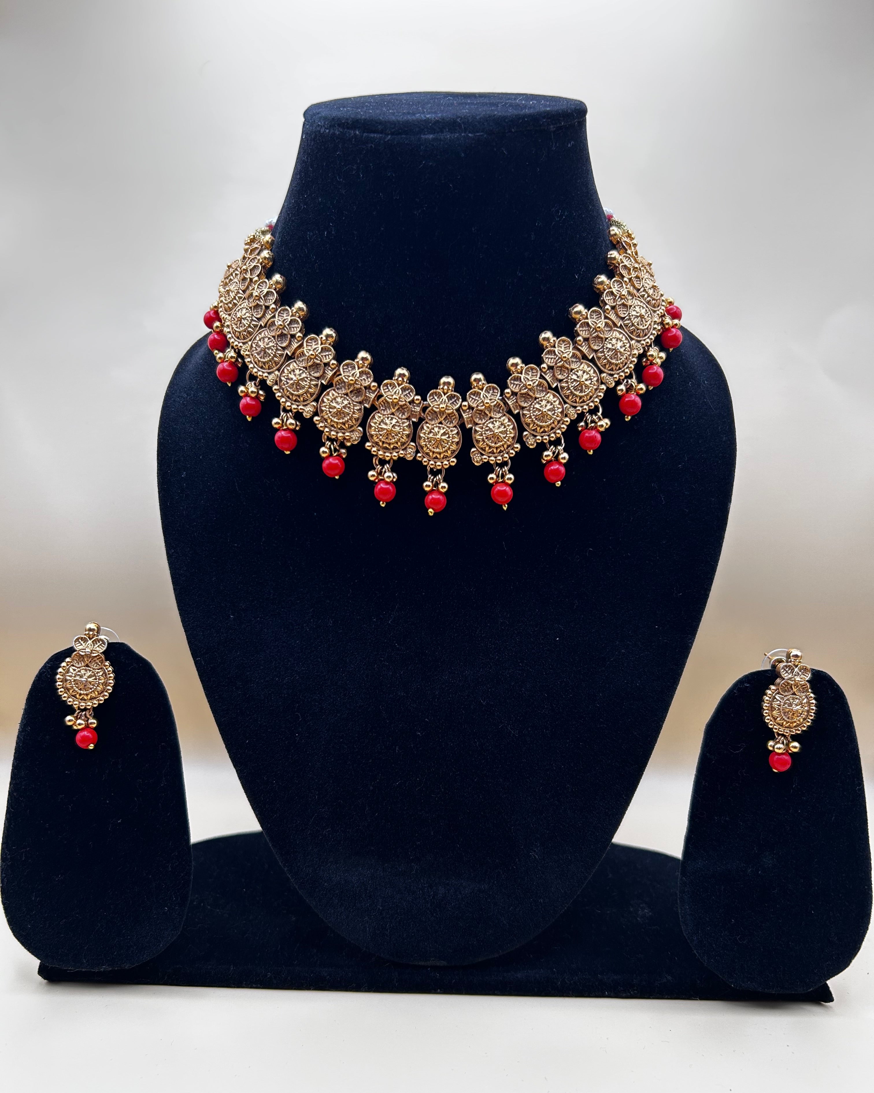 Antique Gold Red Bead Necklace NK-069