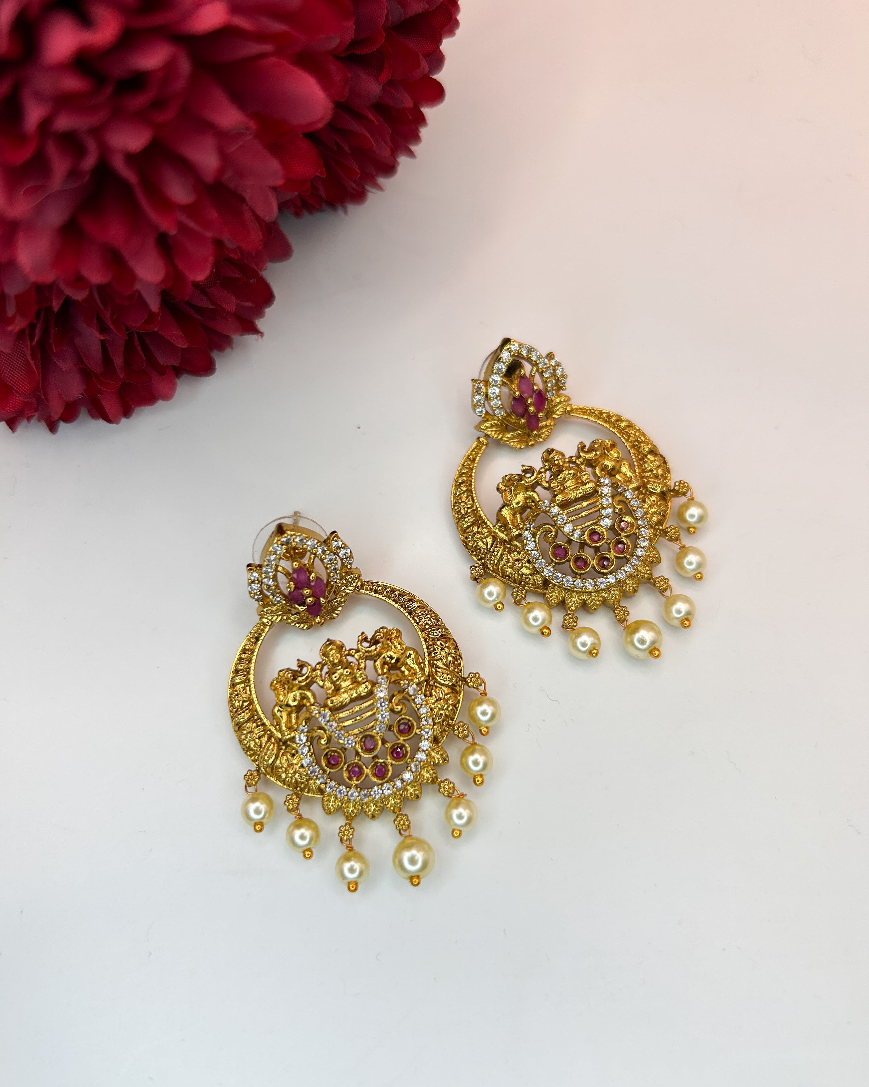 Traditional Ruby Lakshmi Chandbalis - RED