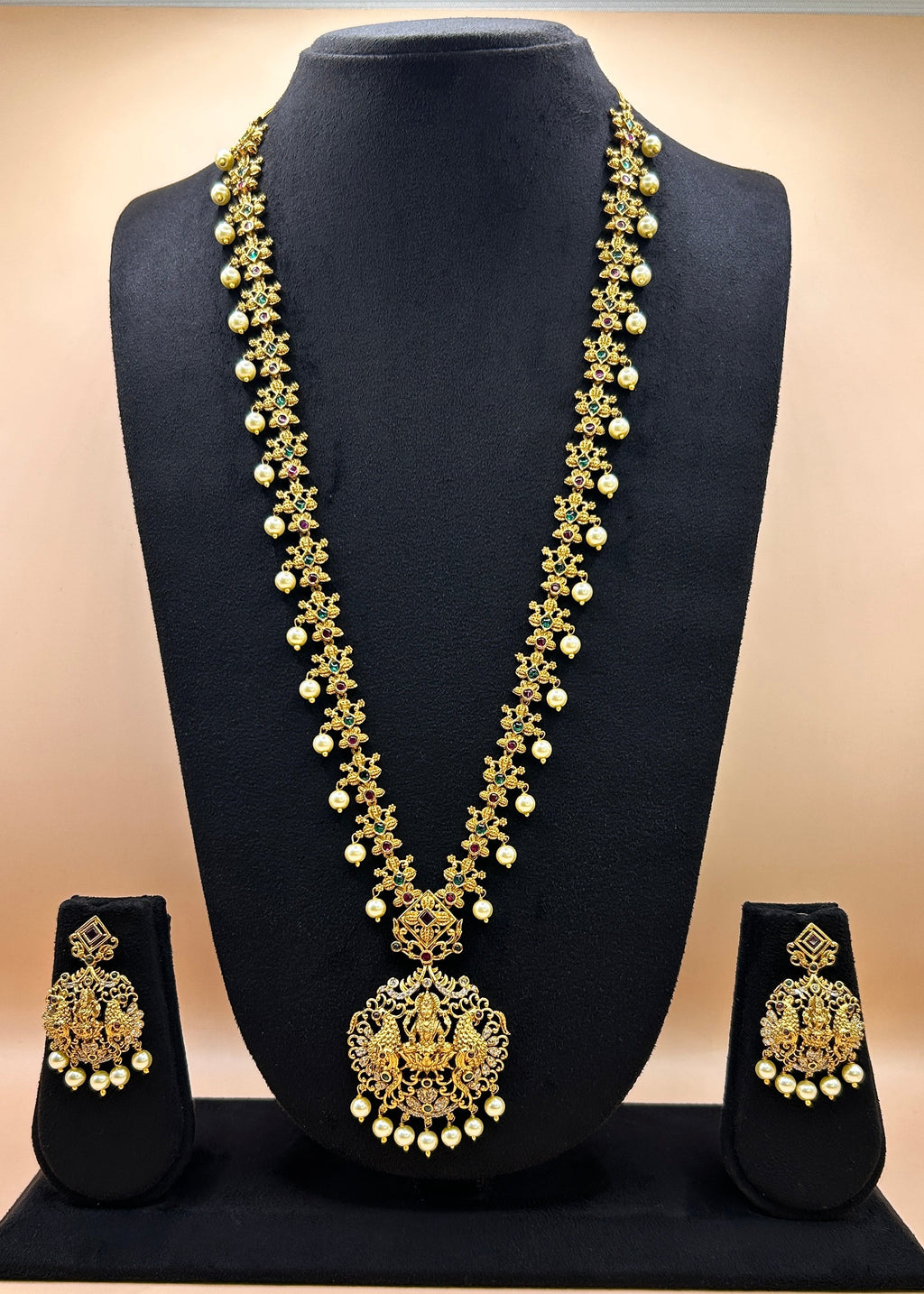 Antique gold Lakshmi peacock floral long bridal Haram NK-011