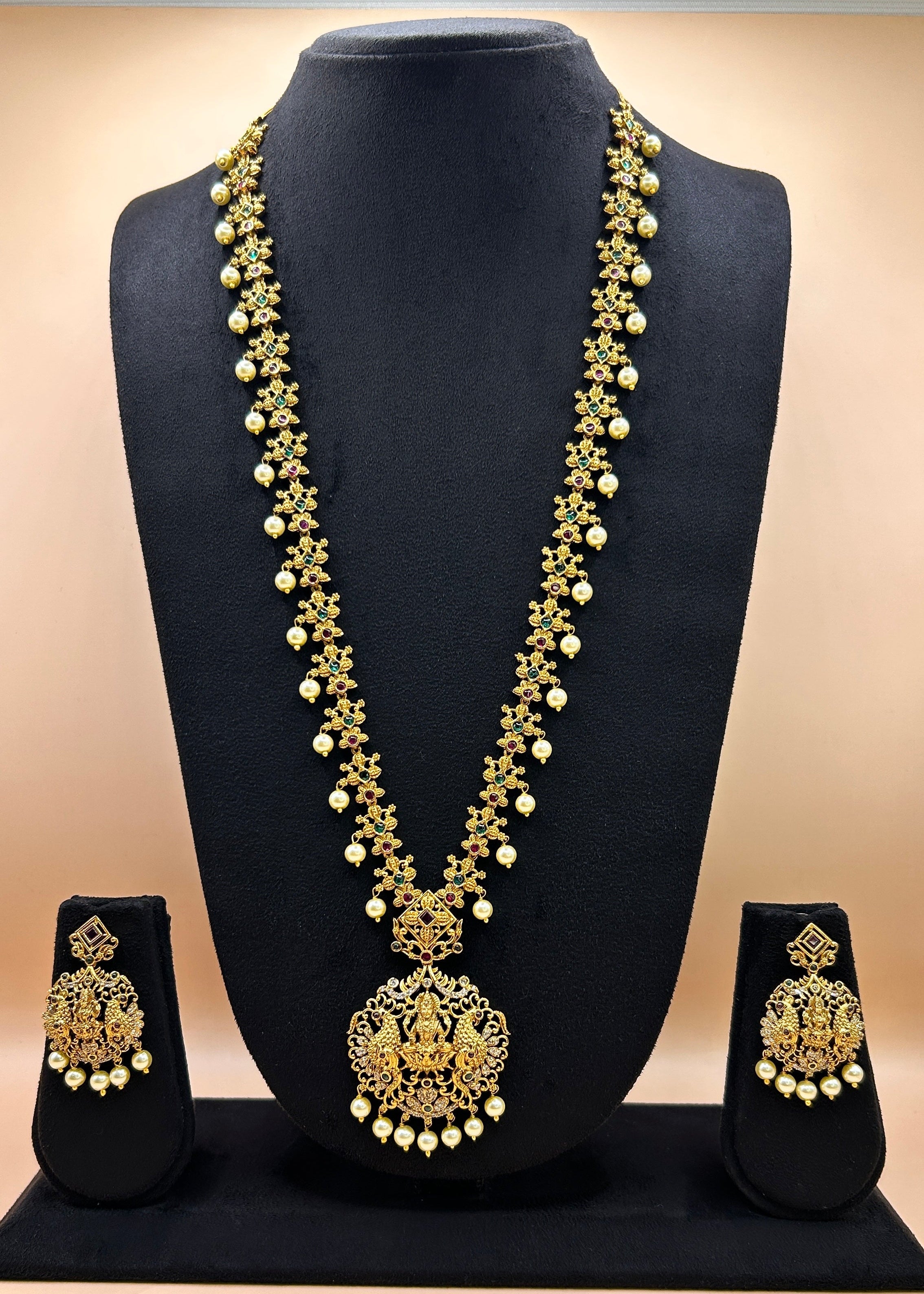Antique gold Lakshmi peacock floral long bridal Haram NK-011