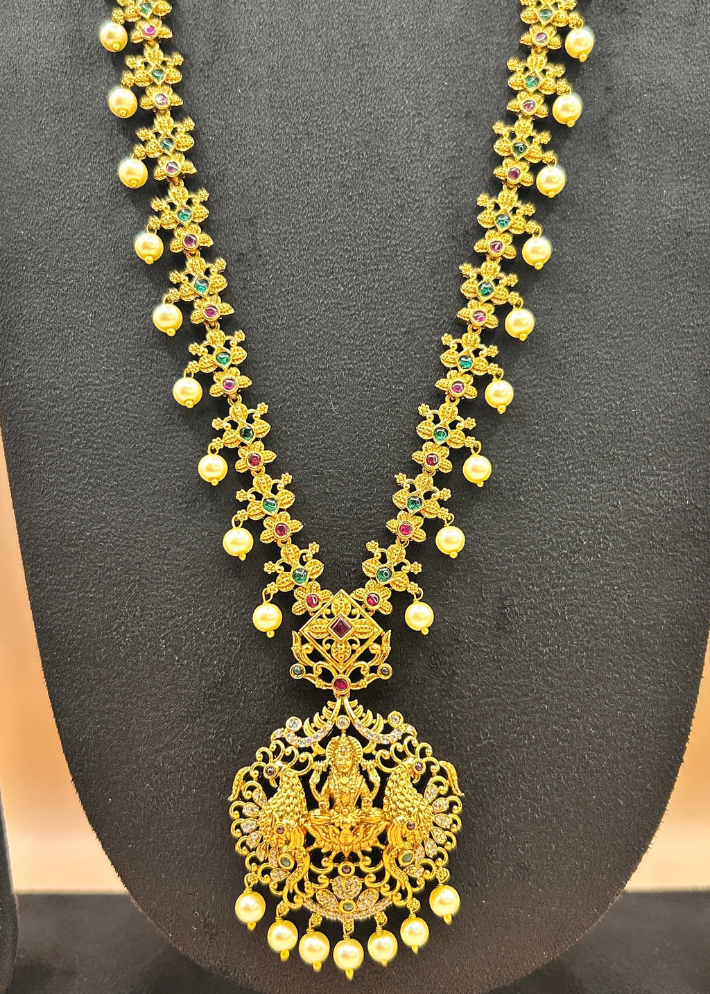 Antique gold Lakshmi peacock floral long bridal Haram NK-011