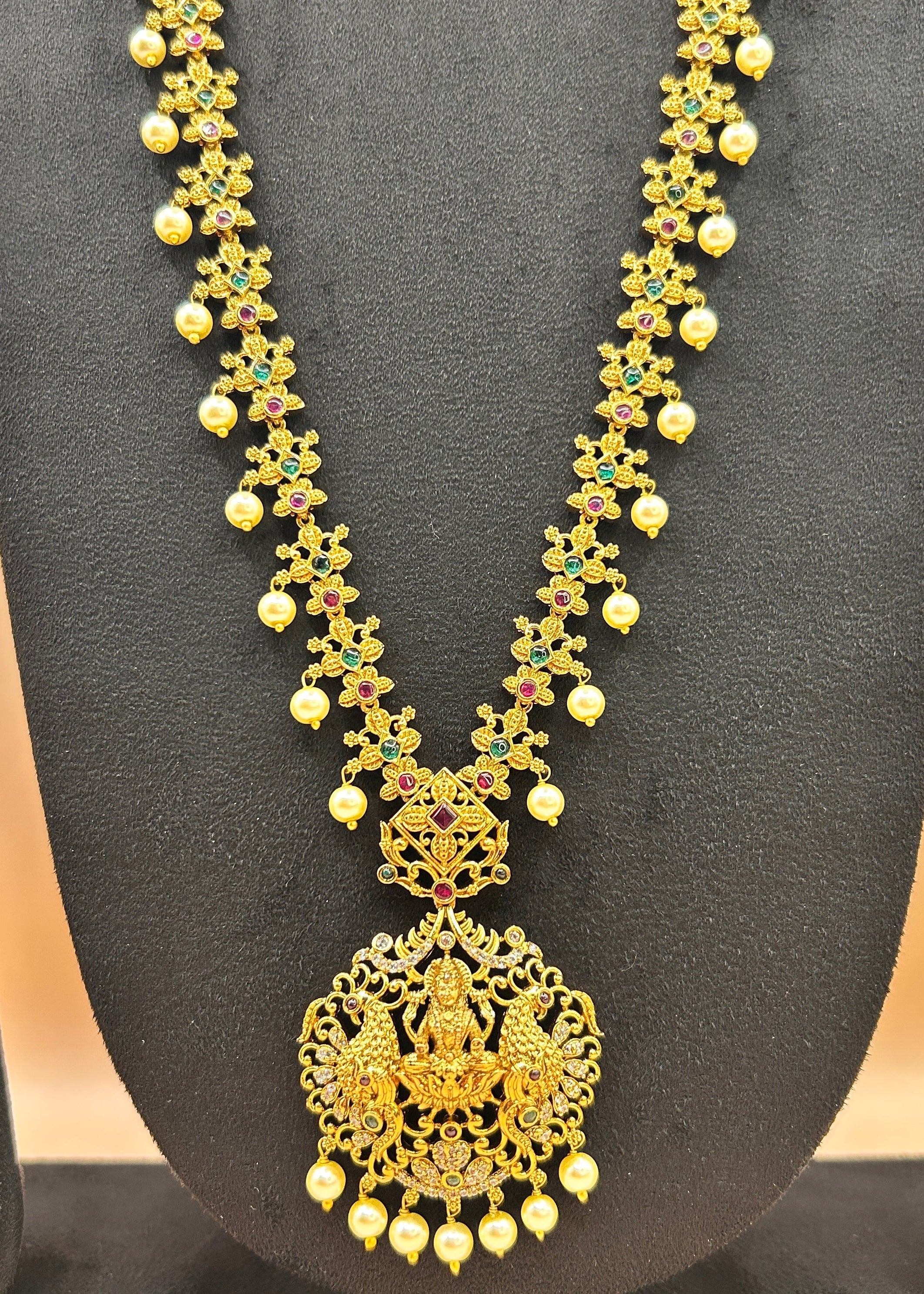 Antique gold Lakshmi peacock floral long bridal Haram NK-011