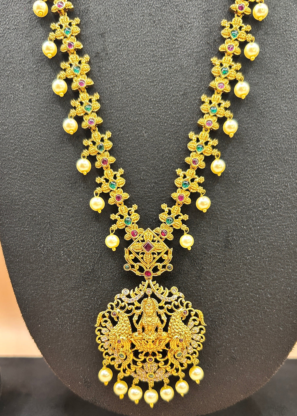Antique gold Lakshmi peacock floral long bridal Haram NK-011