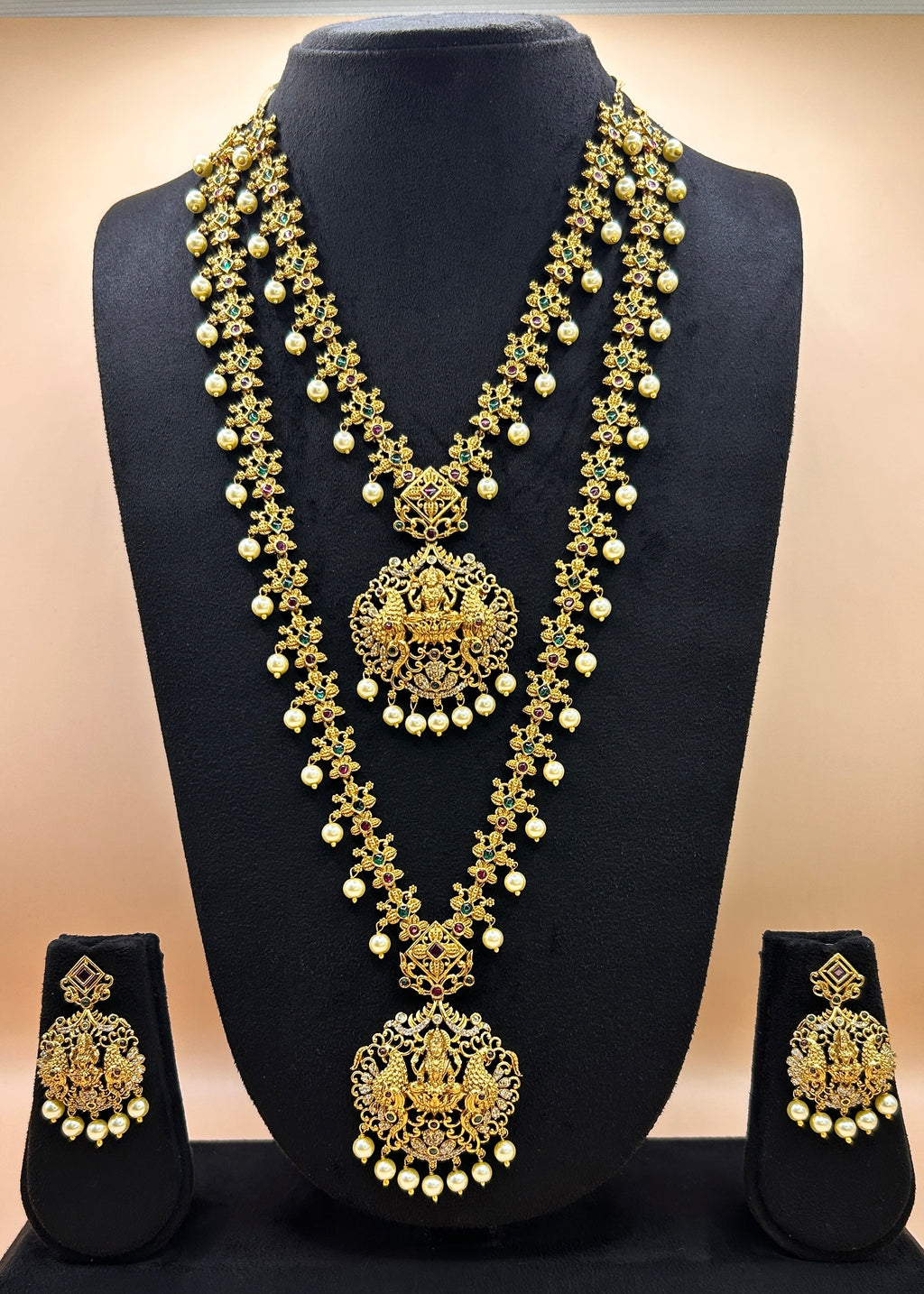 Complete antique gold Lakshmi peacock bridal combo set NK-054