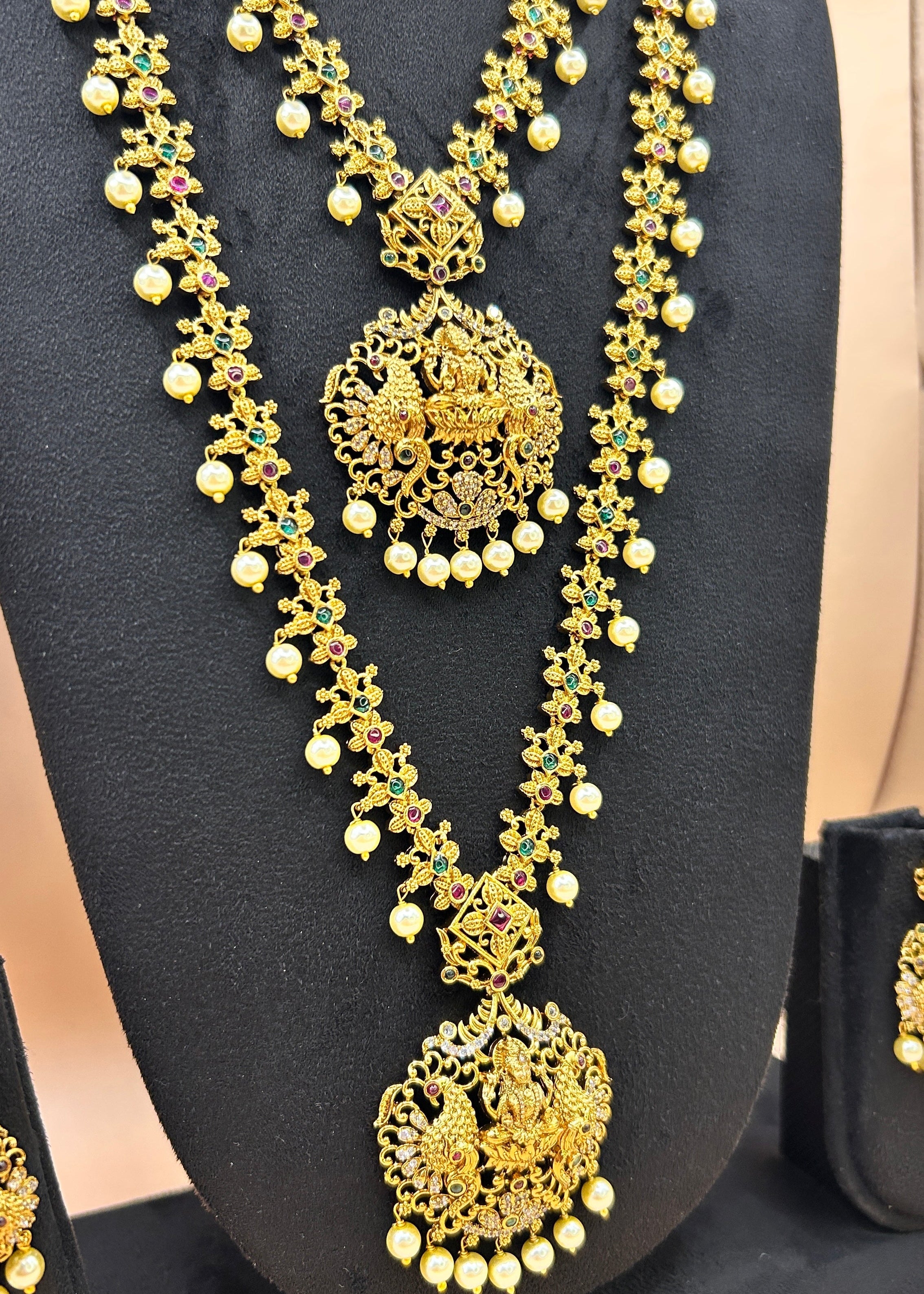 Complete antique gold Lakshmi peacock bridal combo set NK-054