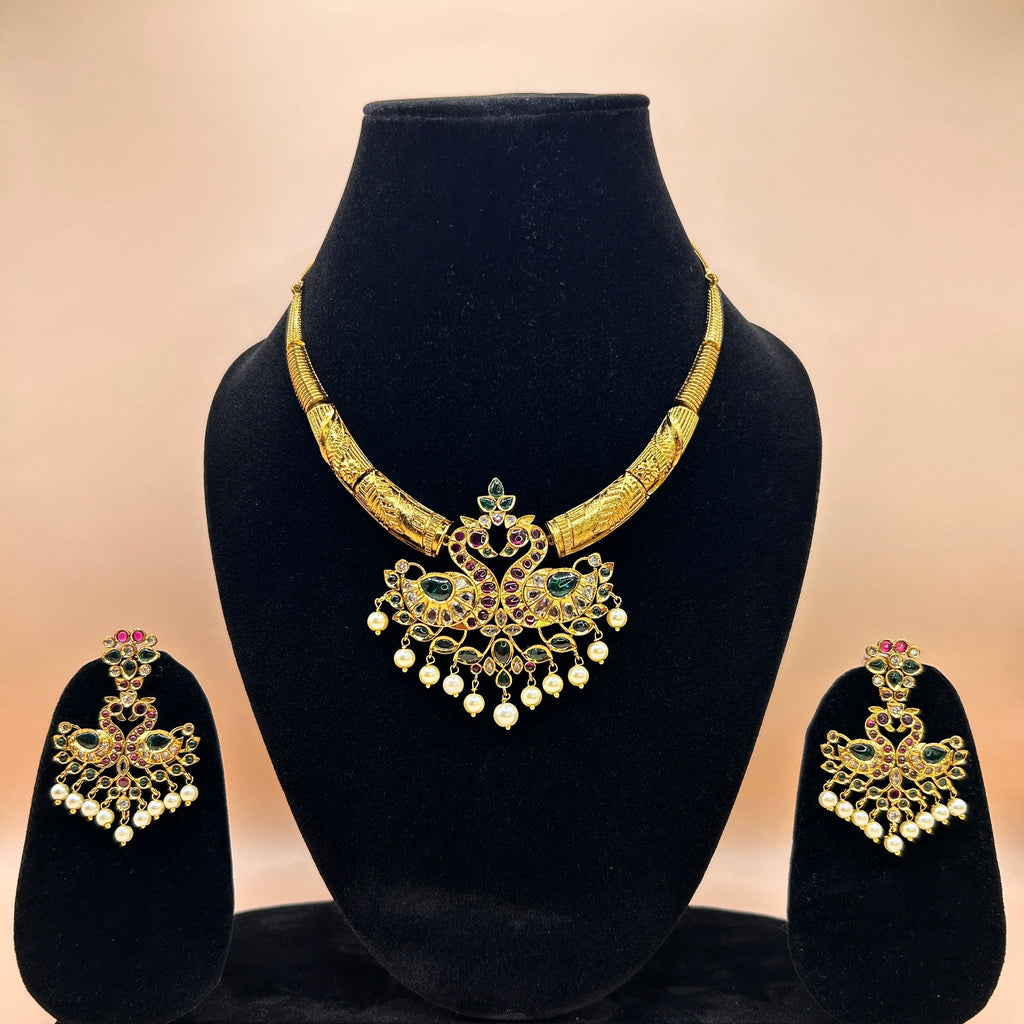 Antique Gold Peacock Imitation Necklace Set with Matching Earrings