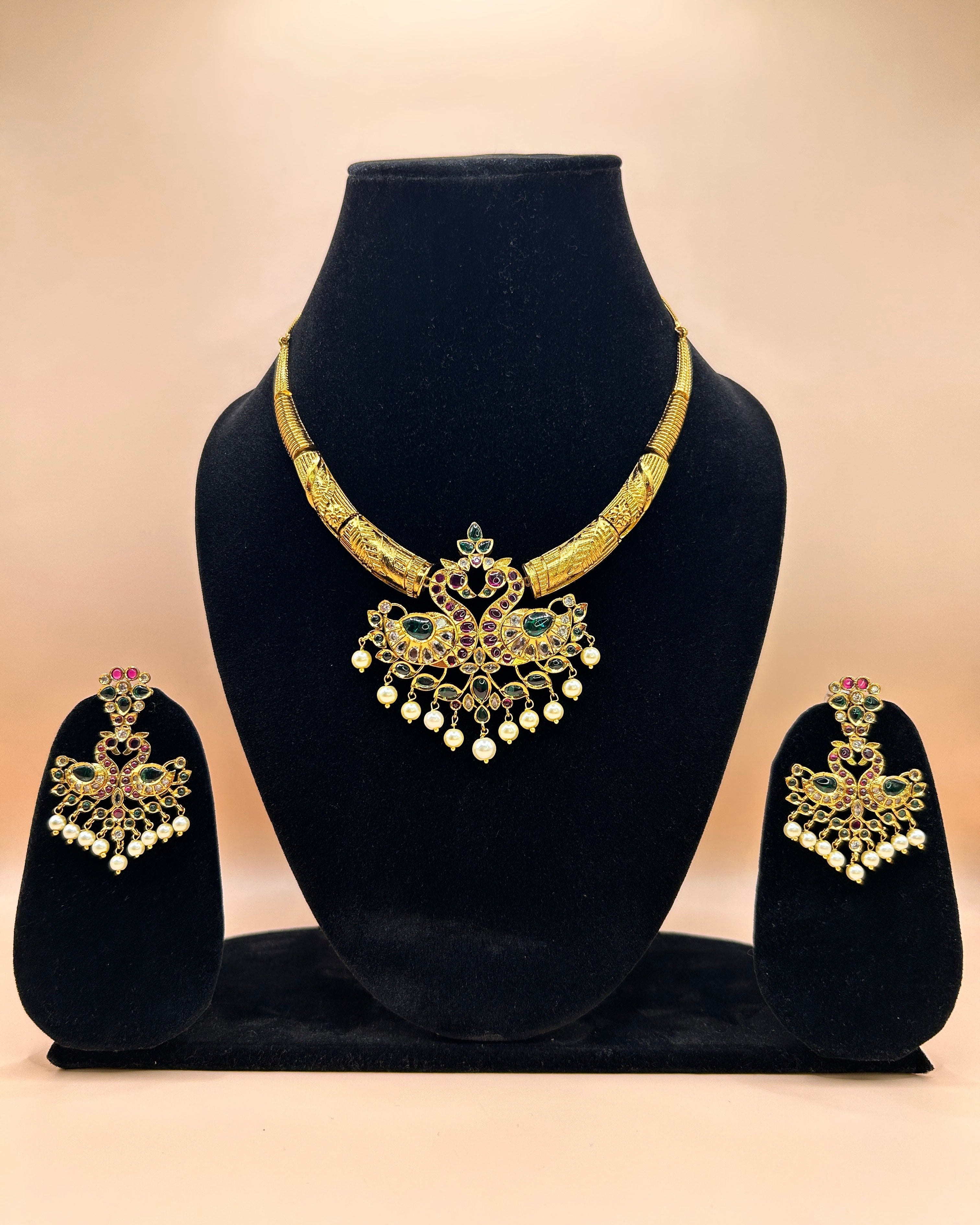Ornate peacock gemstone jewelry set NK-020