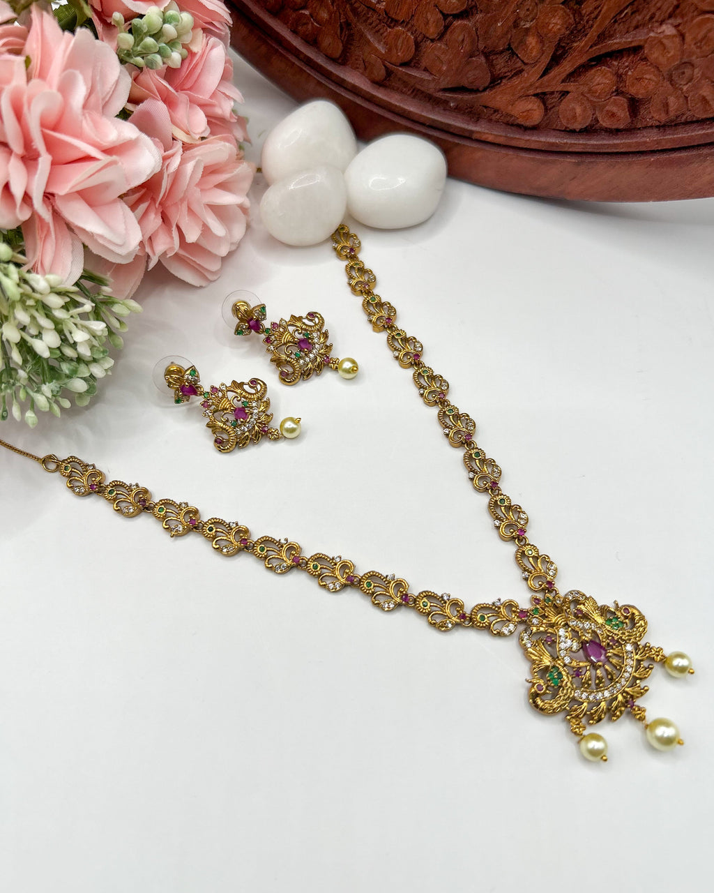 Traditional gold-finish peacock jewelry set NK-021