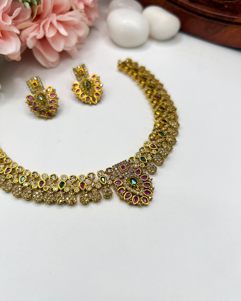Gold-toned ruby emerald necklace set NK-015