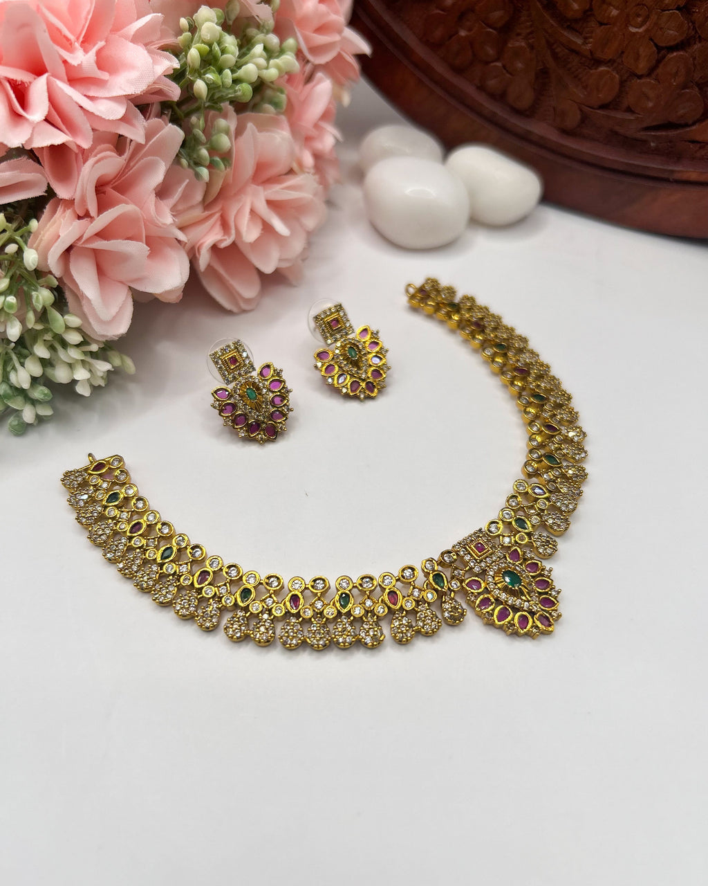 Gold-toned ruby emerald necklace set NK-015