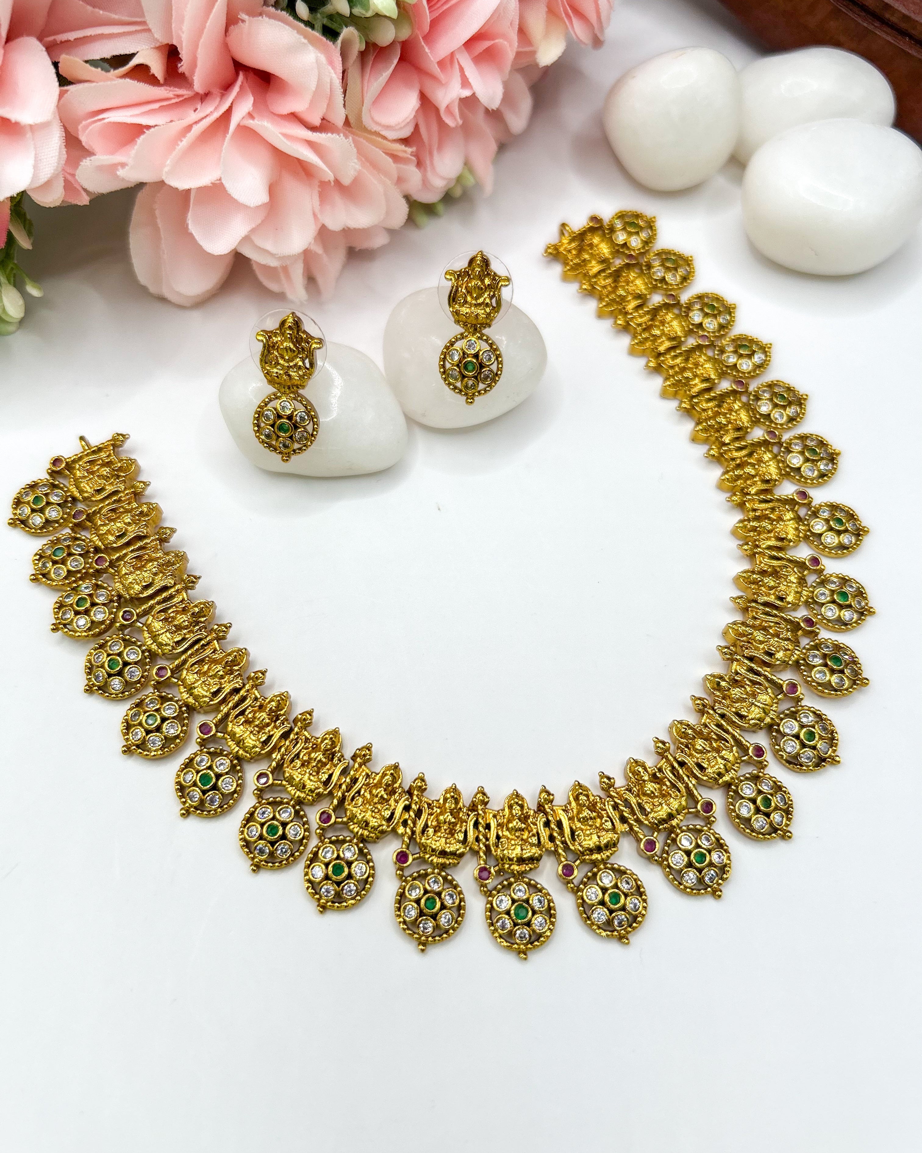 Traditional gold Goddess Lakshmi necklace set NK-017