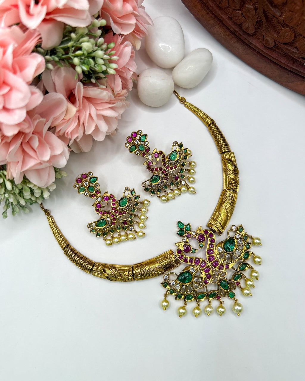 Ornate peacock gemstone jewelry set NK-020
