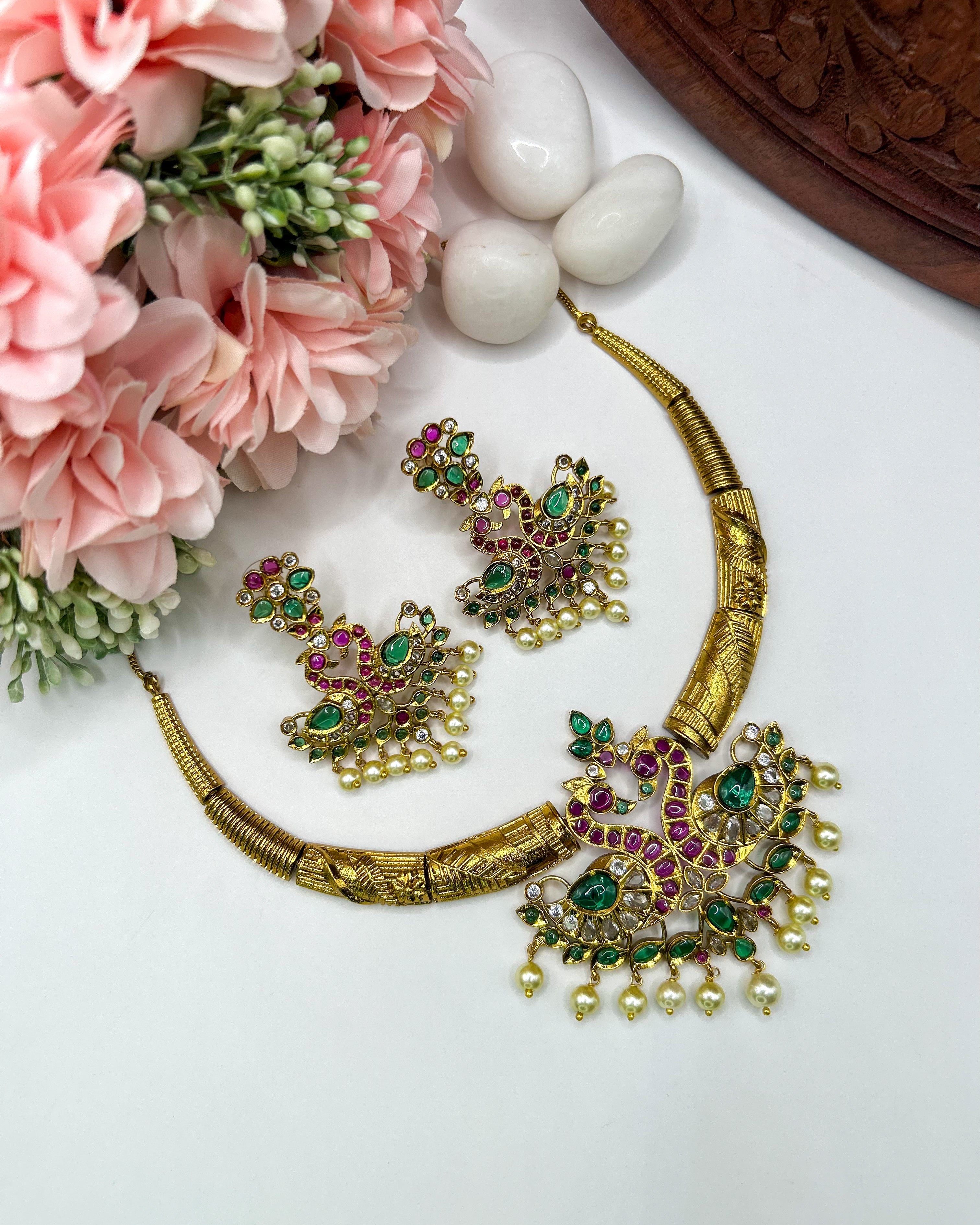 Ornate peacock gemstone jewelry set NK-020