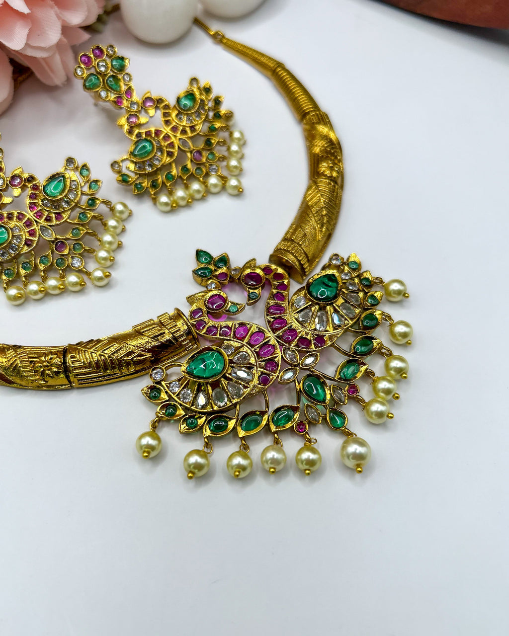 Ornate peacock gemstone jewelry set NK-020