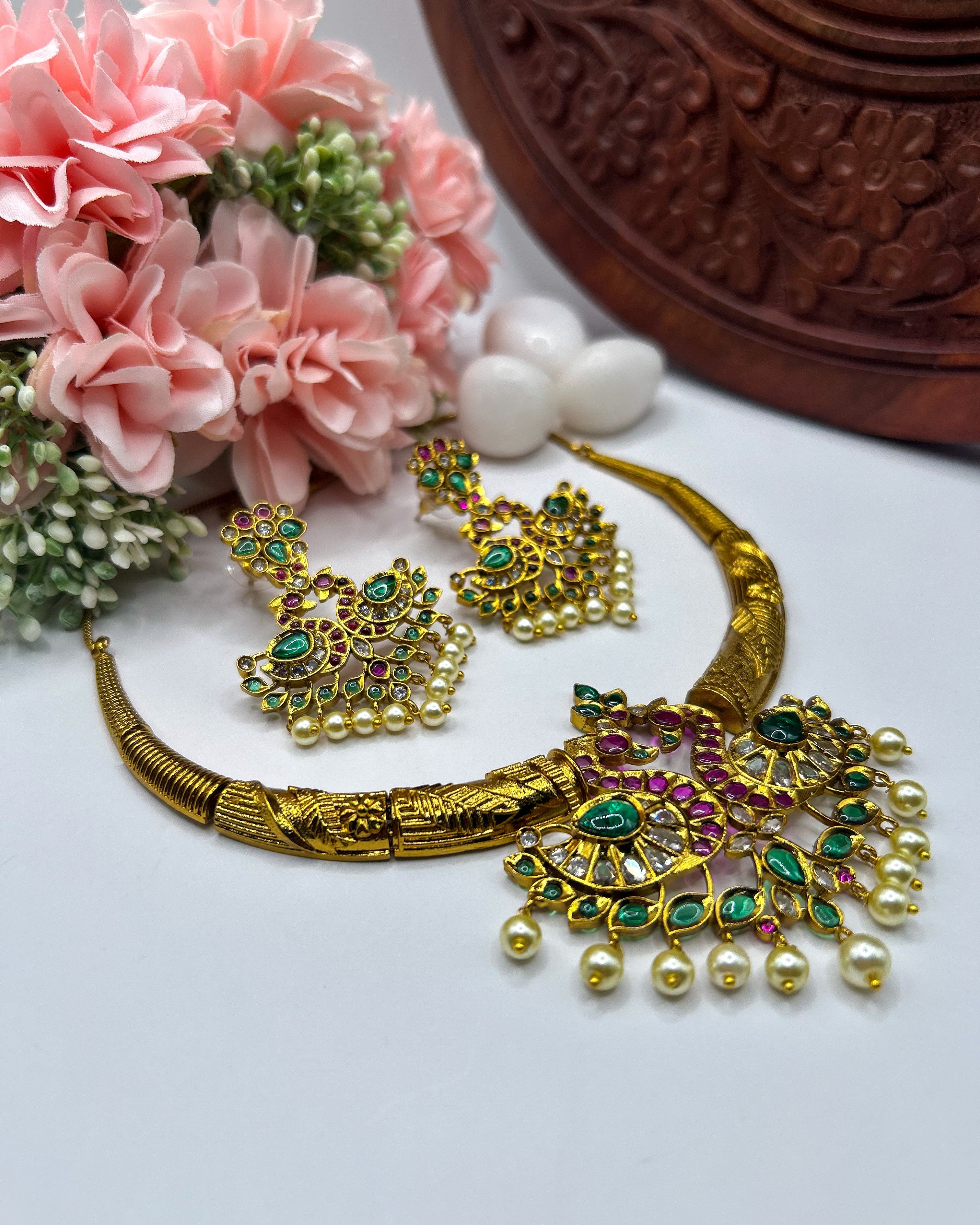Ornate peacock gemstone jewelry set NK-020