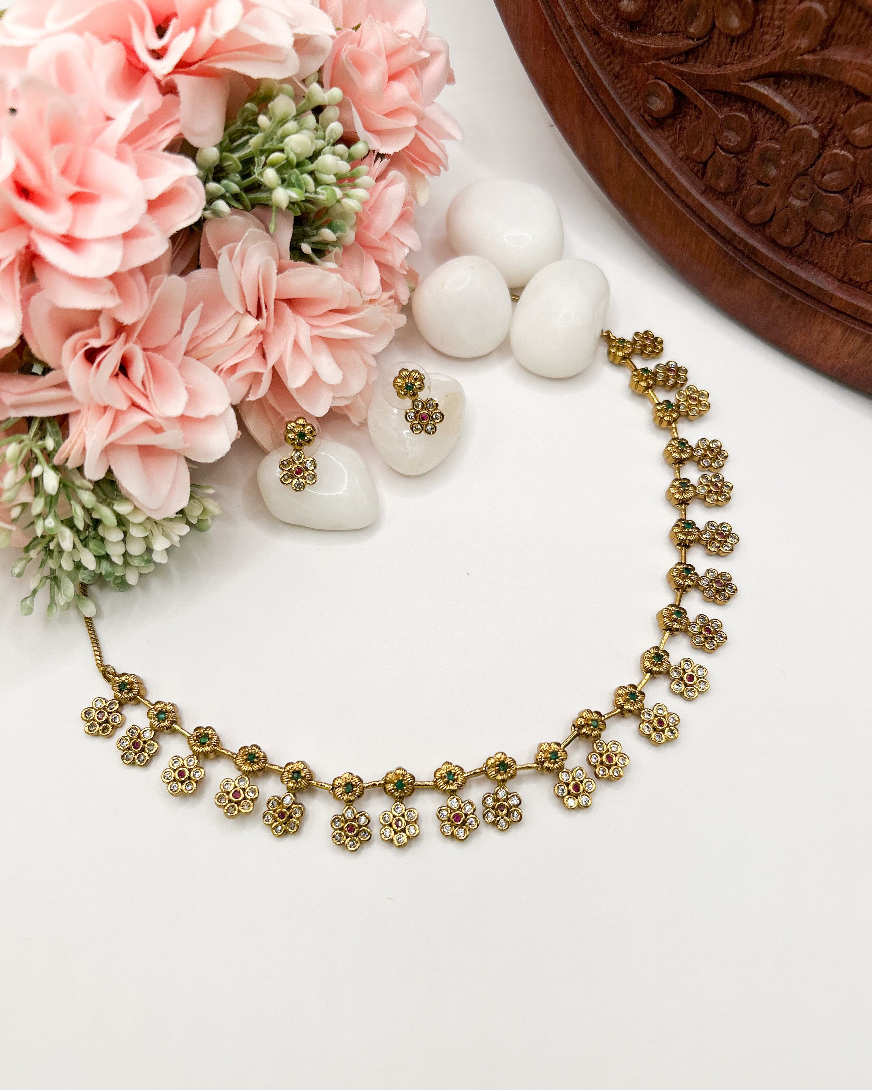 Elegant antique gold floral necklace with multicolor accents NK-022