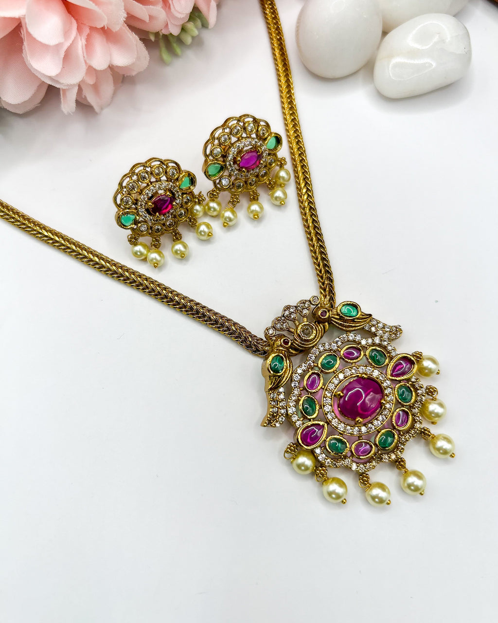 Kundan Ruby Floral Pendant Necklace