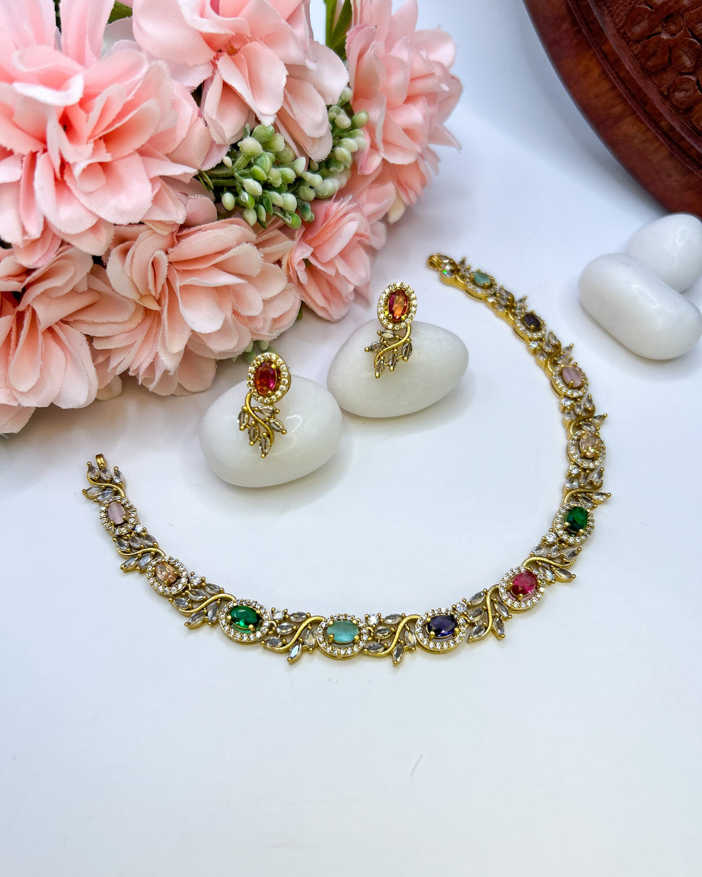 Multicolor Pastel Floral Stone Necklace NK-043