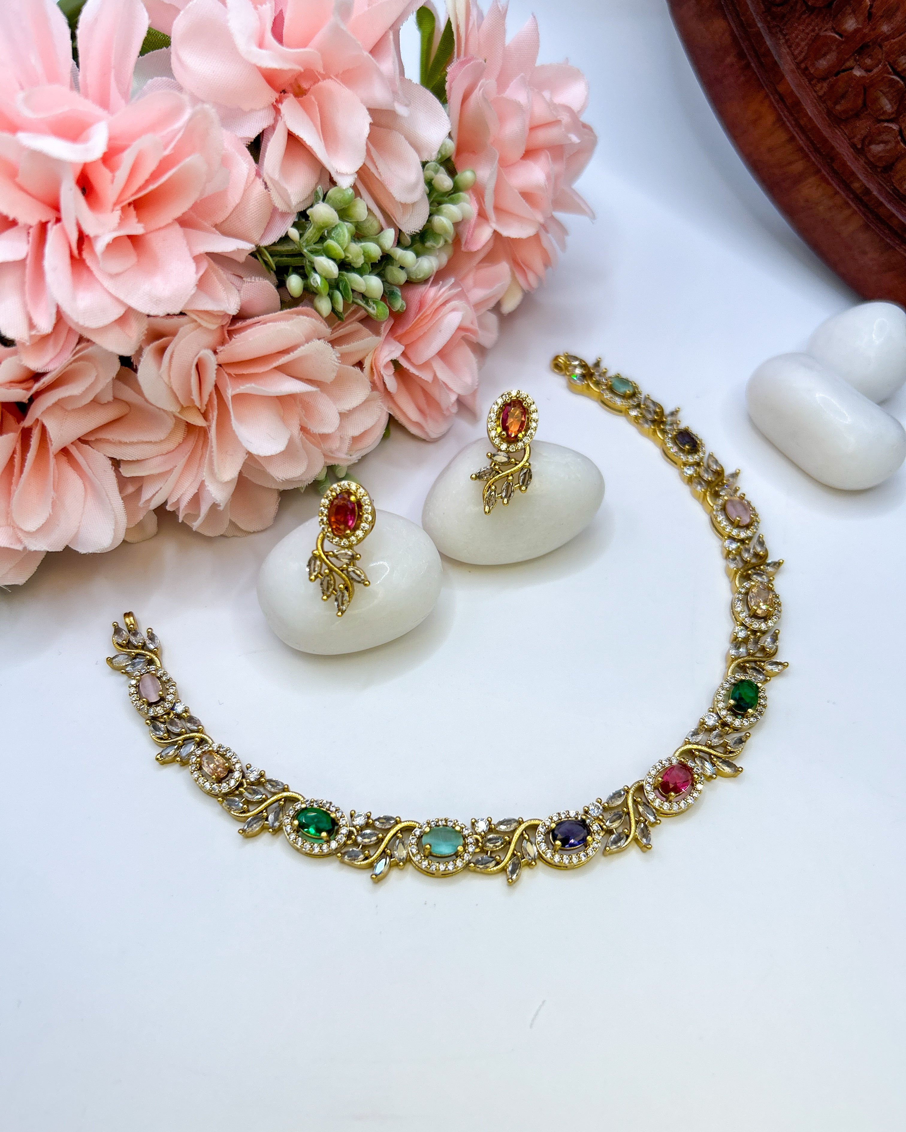 Multicolor Pastel Floral Stone Necklace NK-043