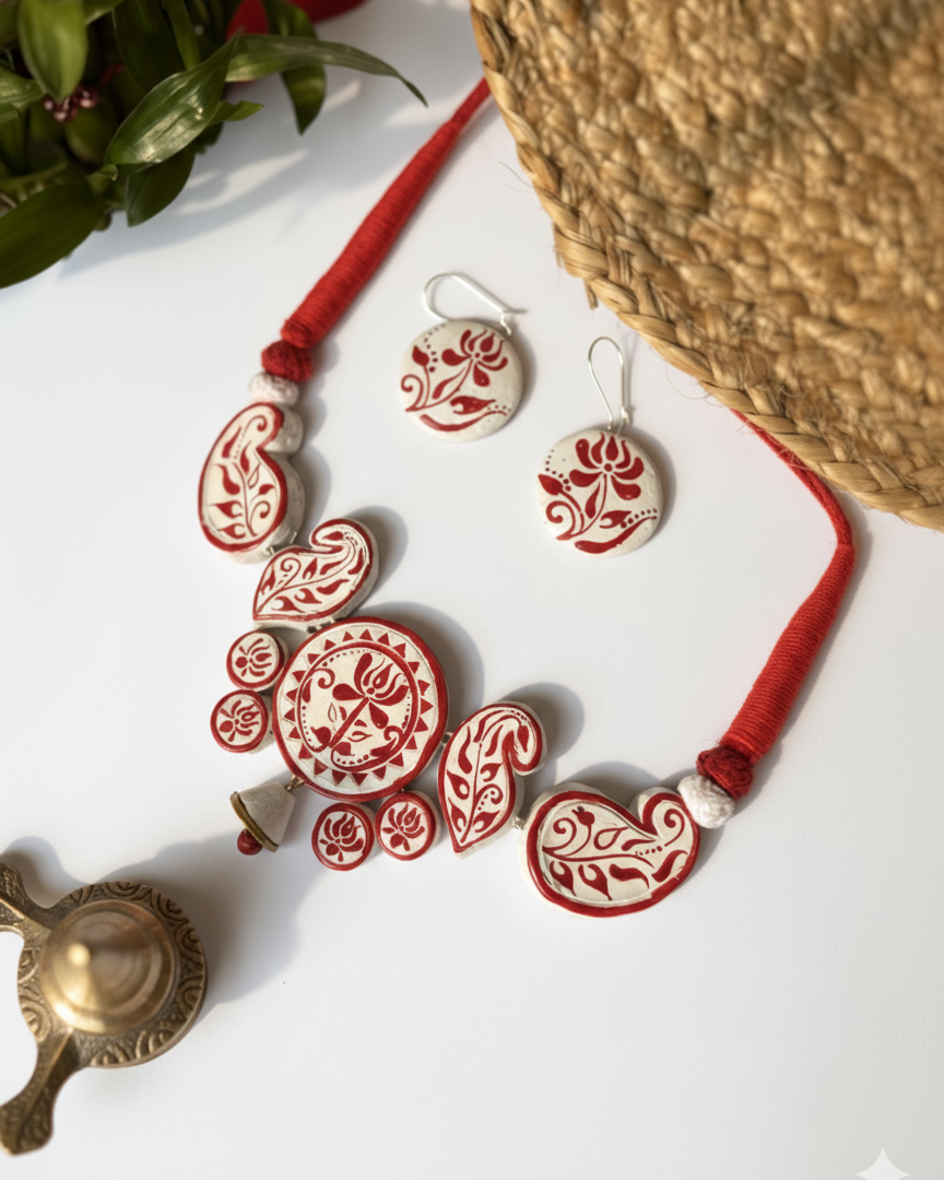 Traditional red white terracotta short necklace TR-009
