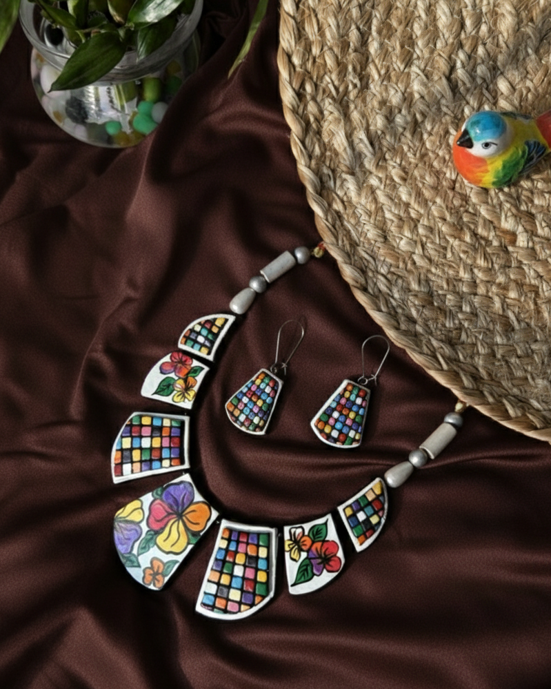 Floral mosaic terracotta bib necklace TR-011