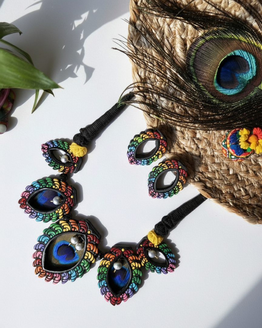 Vibrant peacock feather short necklace set TR-013