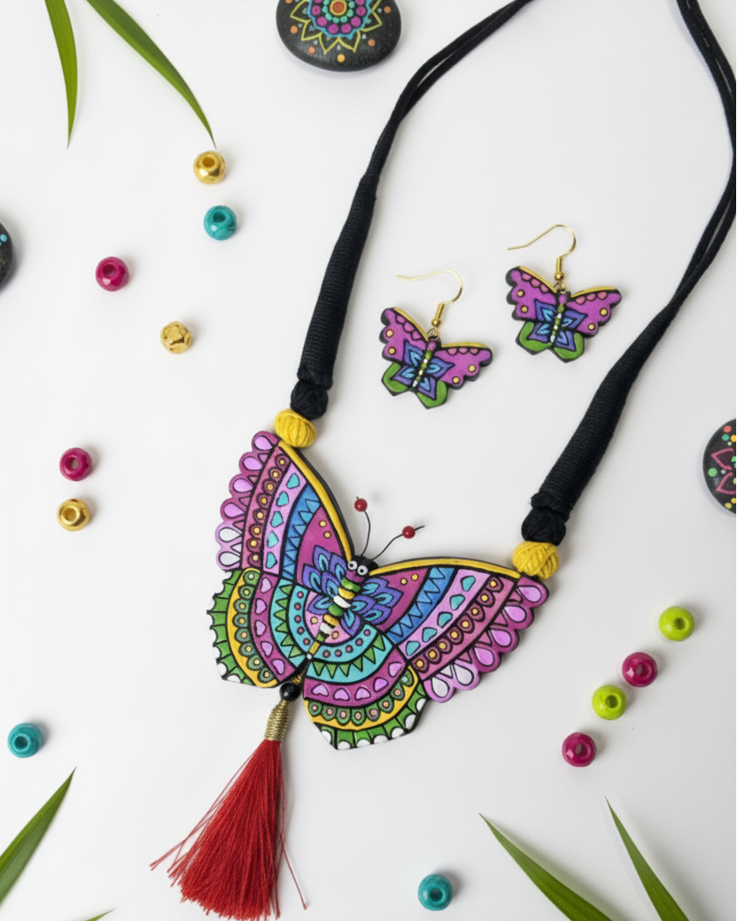 Vibrant hand-painted butterfly jewelry set TR-015