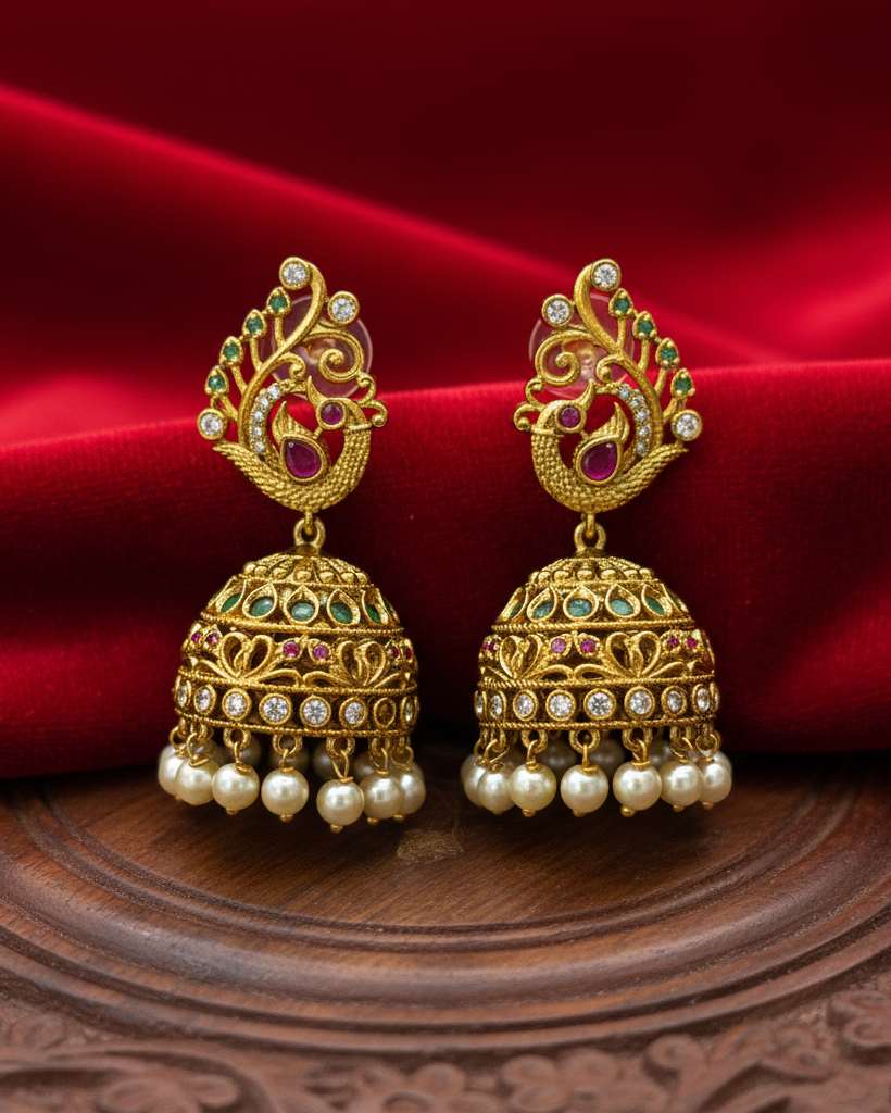 Traditional Peacock Jhumka with pearl drop ER-002