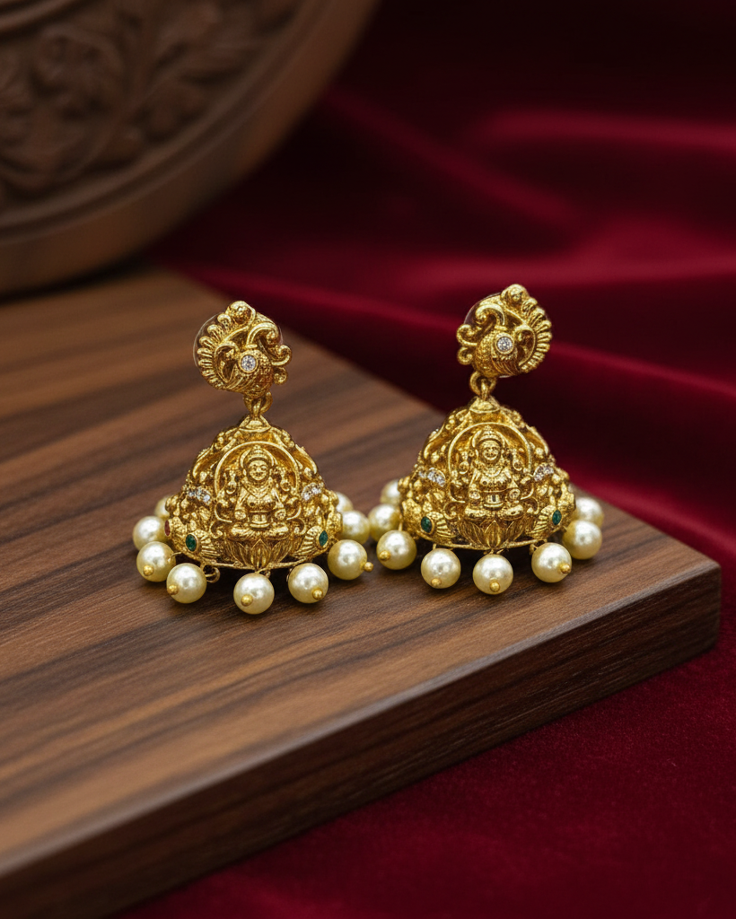 Antique Lakshmi Temple Jhumka with pearl drop ER-003