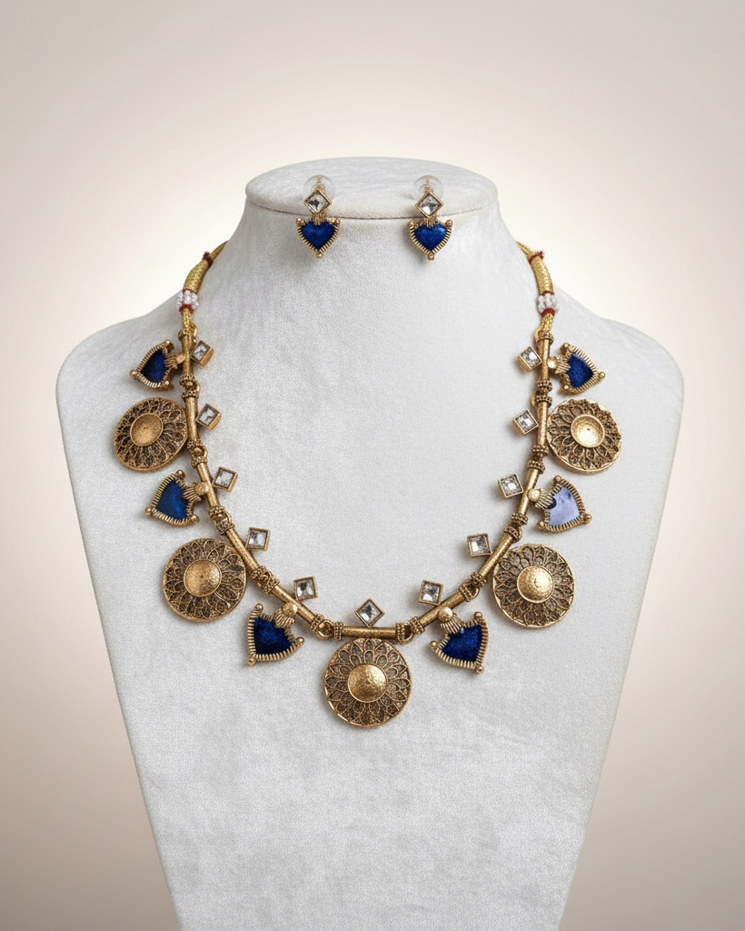Antique gold necklace set with royal blue drops