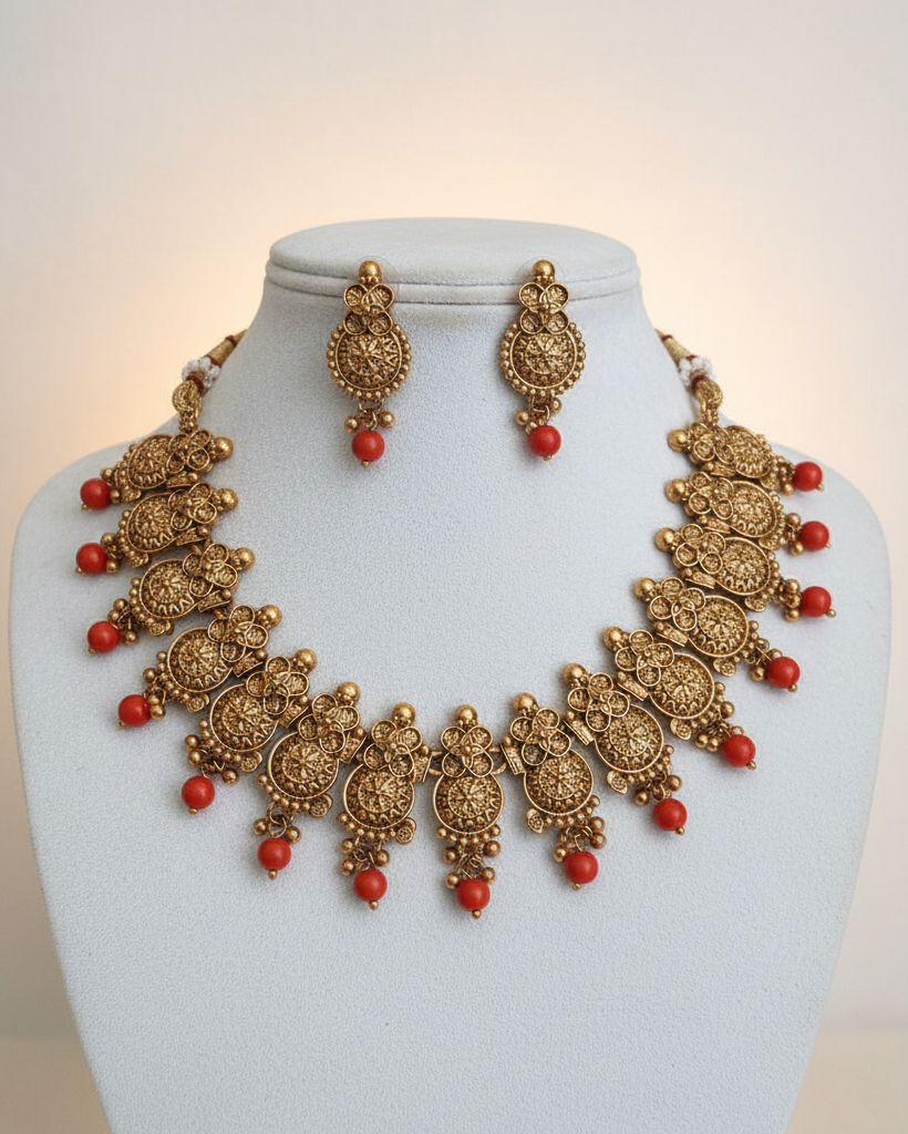 Antique Gold Red Bead Necklace NK-069