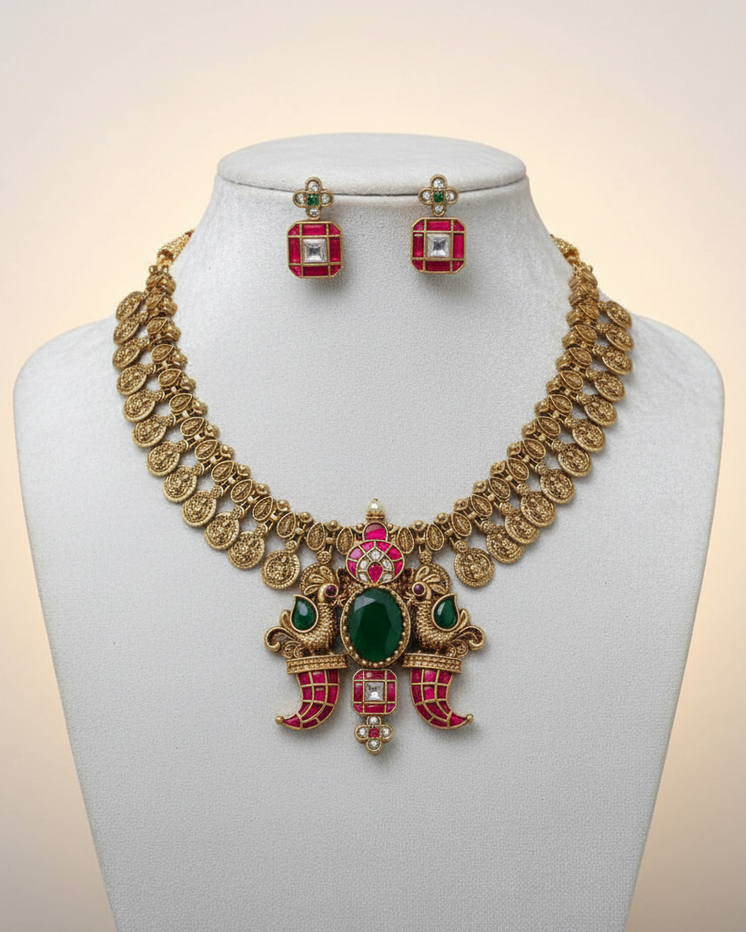 Beautiful Jadau Lakshmi Coin Necklace with Peacock Puligoru Pendant