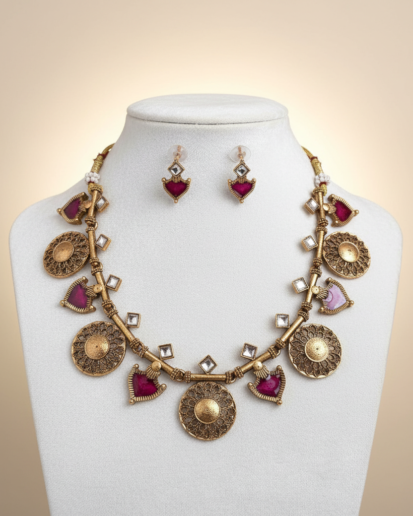 Elegant antique gold necklace with vibrant magenta drops