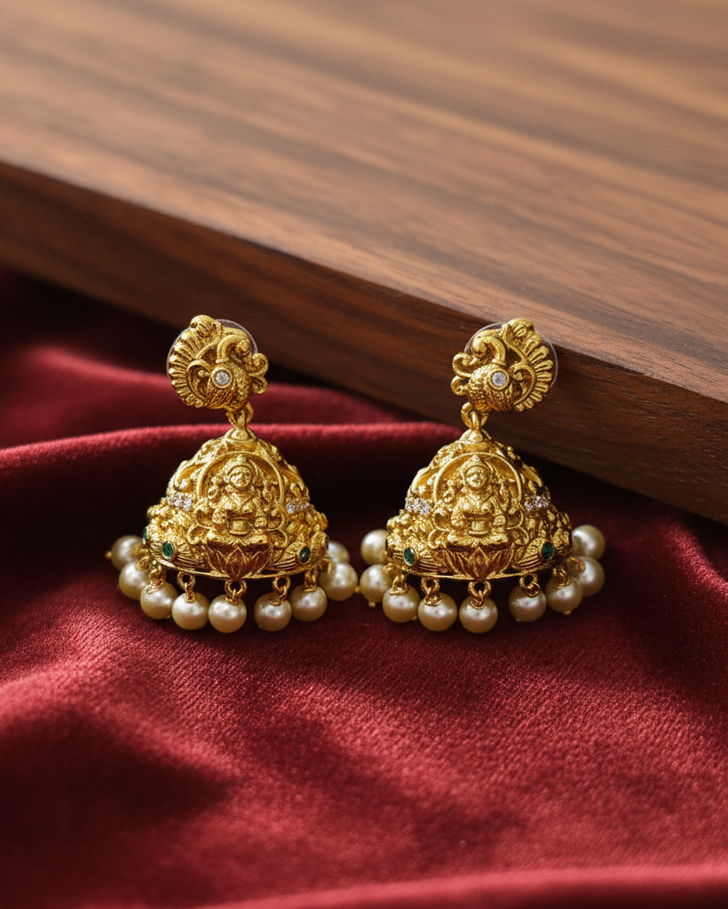 Antique Lakshmi Temple Jhumka with pearl drop ER-003