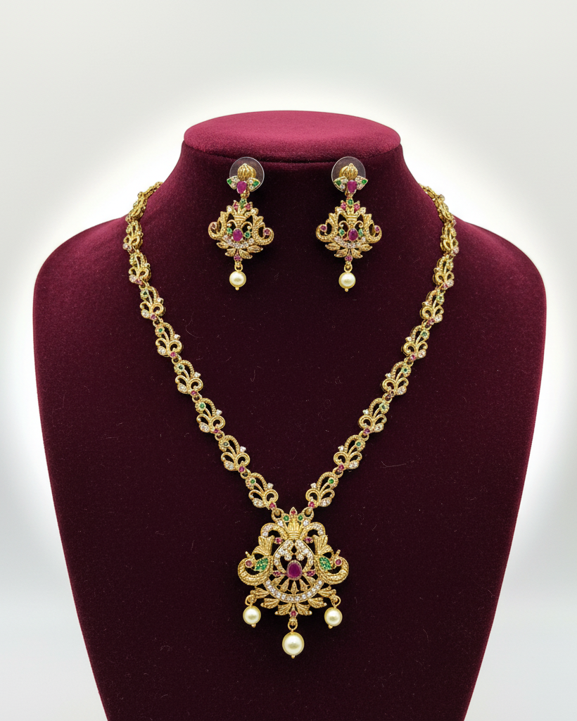 Traditional gold-finish peacock jewelry set NK-021
