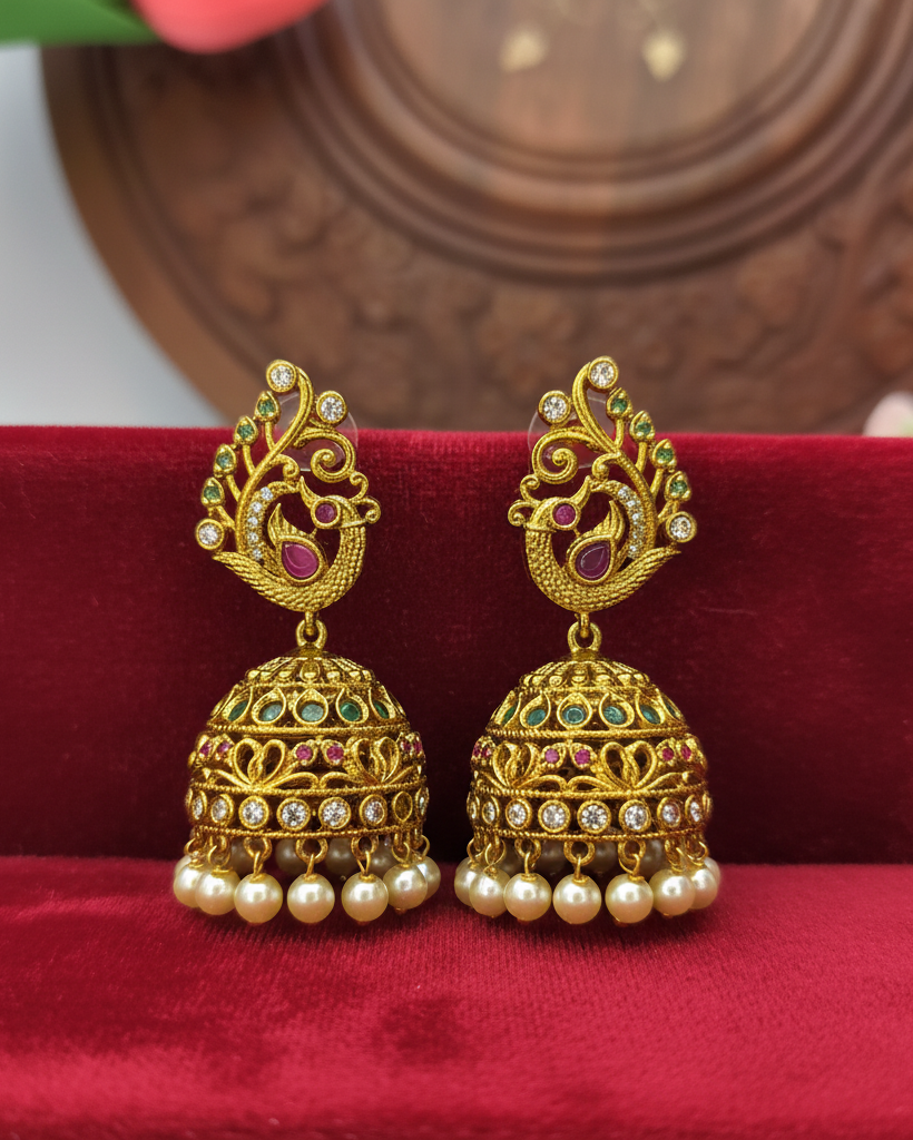 Traditional Peacock Jhumka with pearl drop ER-002