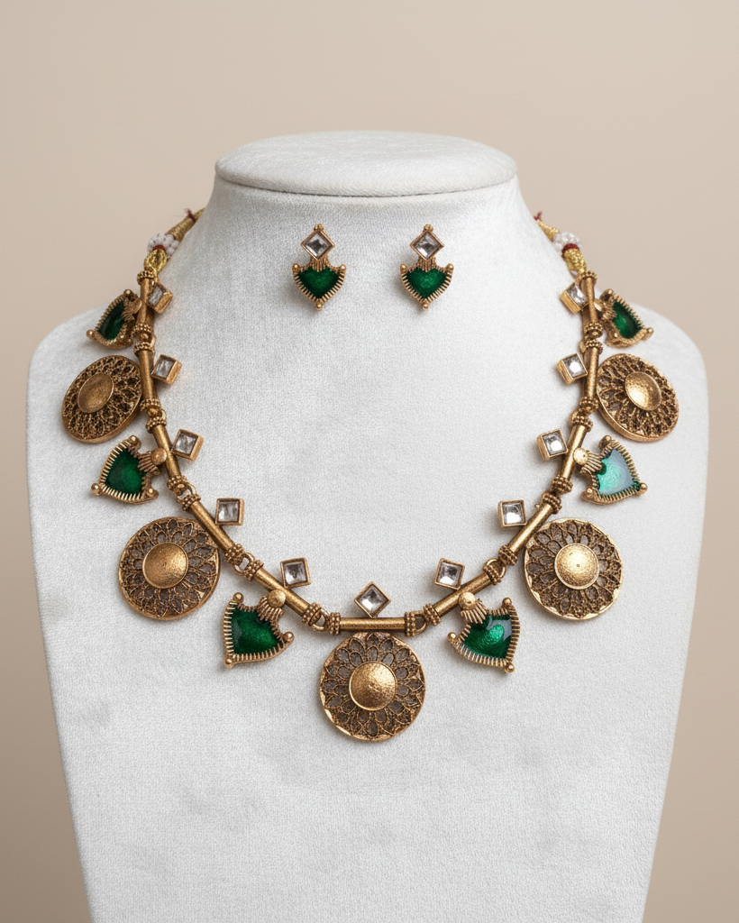Antique gold necklace set with bottle green drops.
