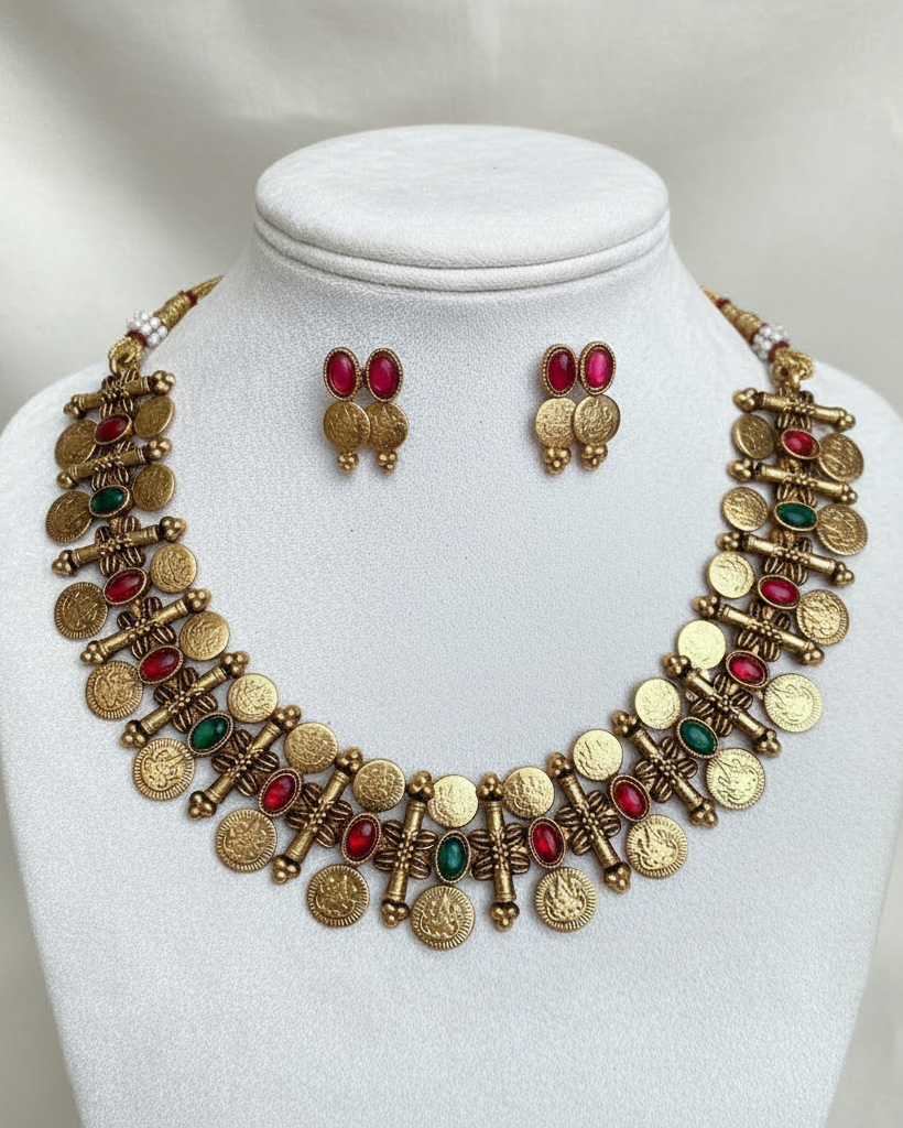 Traditional Red and green stone Kasu Mala Necklace NK-034