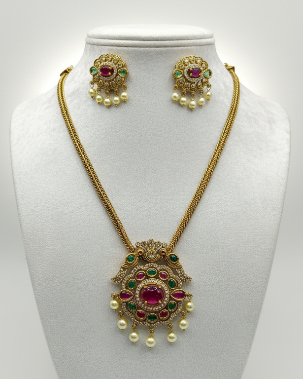 Kundan Ruby Floral Pendant Necklace
