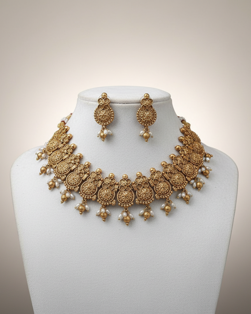 Antique Gold Pearl Necklace Set NK-067