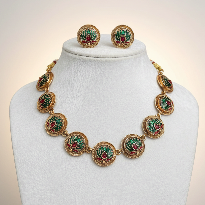 Antique Green Lotus Meenakari Set NK-040